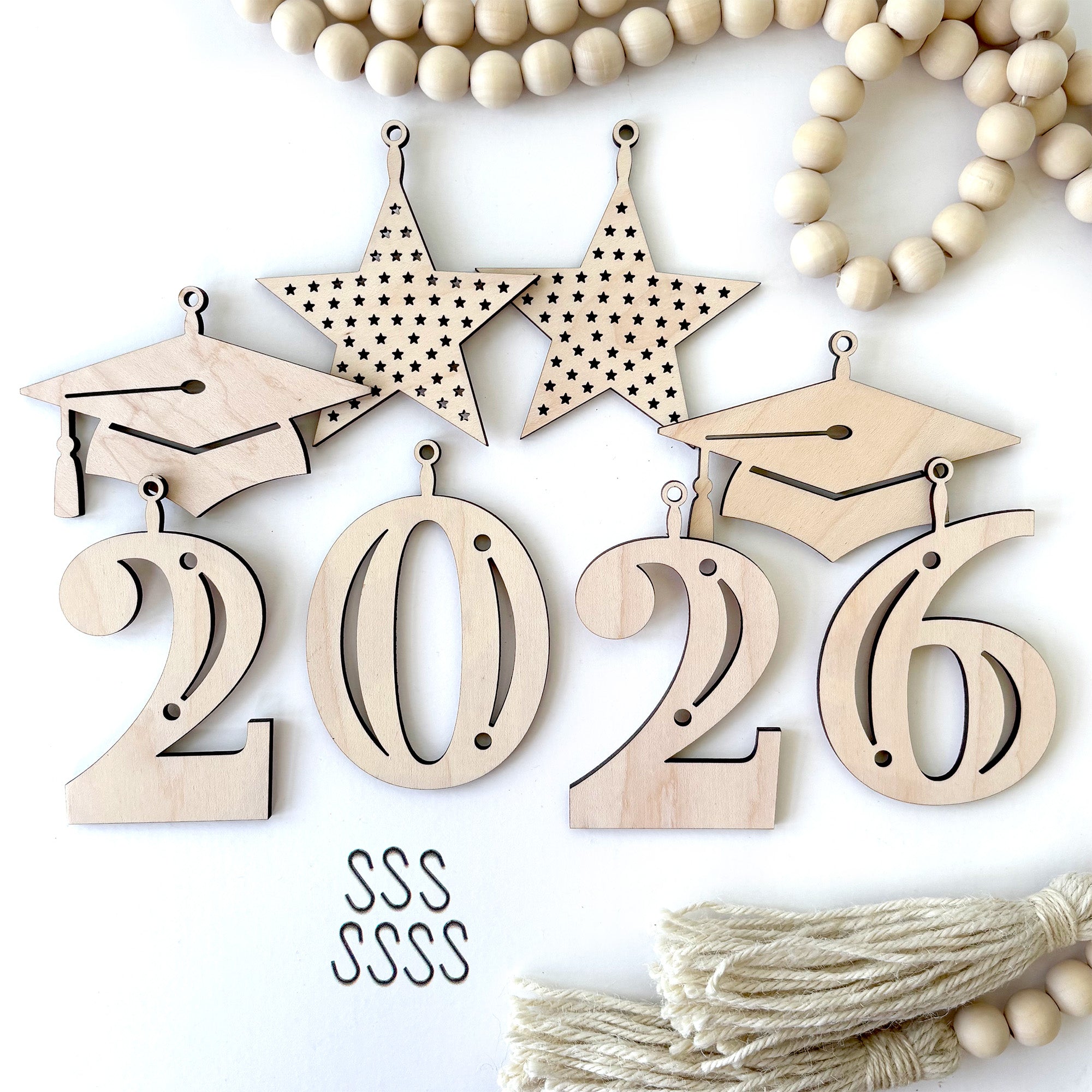 2026 Graduation Decoration for Fireplace Mantel with Natural Wood Beaded Garland