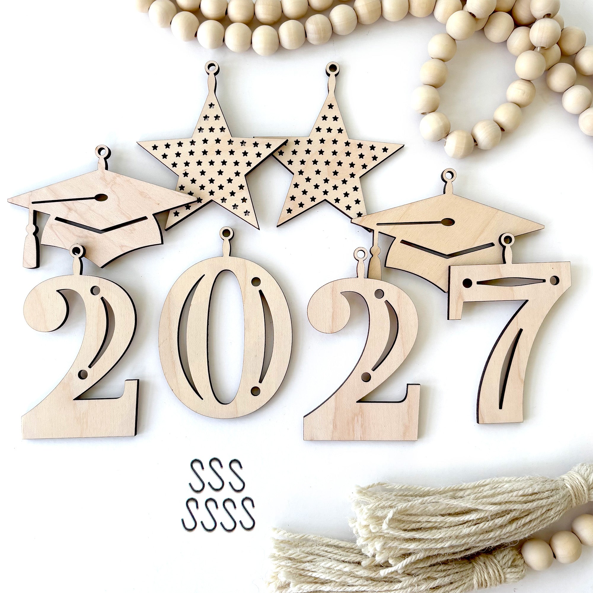 2027 Graduation Decoration for Fireplace Mantel with Natural Wood Beaded Garland