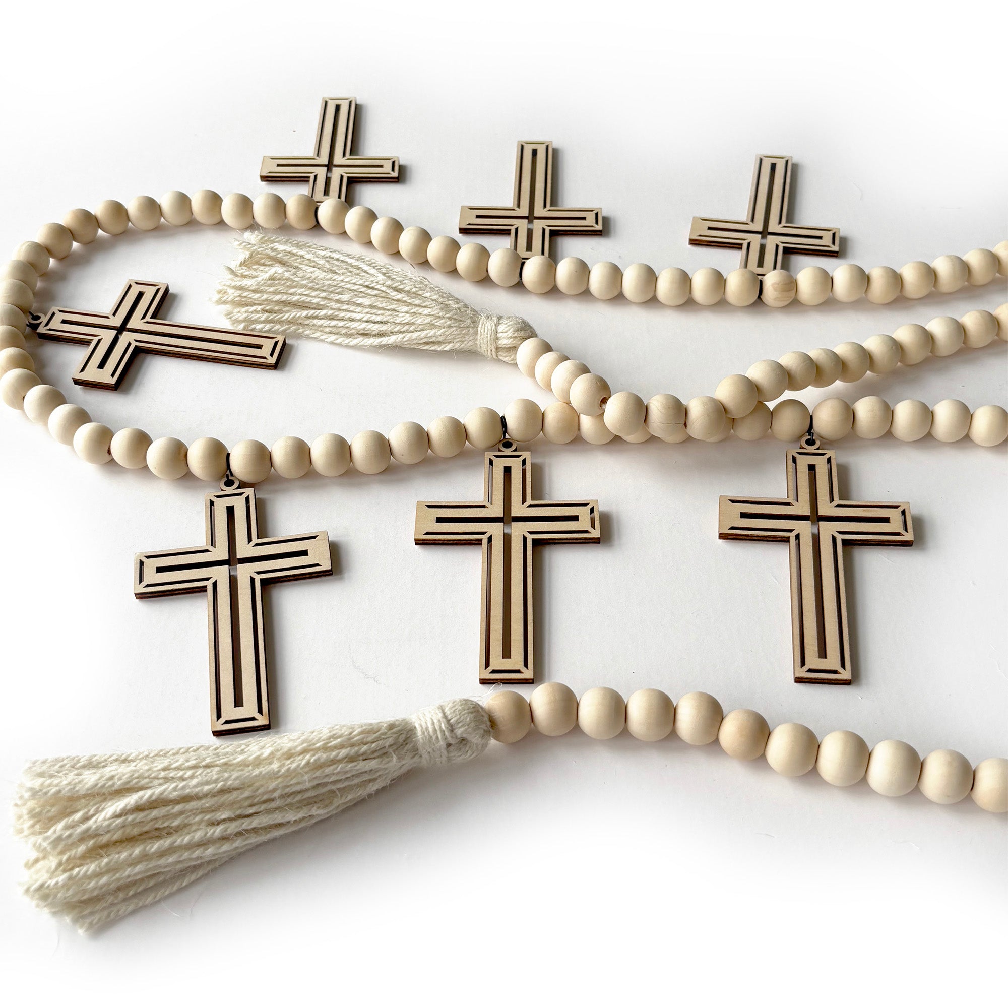 Wood Beaded Garland with Crosses