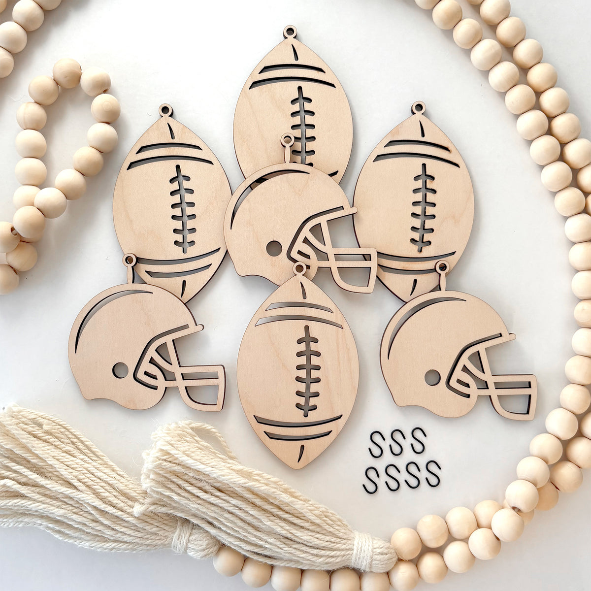 Football and Helmet Ornaments with Wood Bead Garland with Jute Tassels