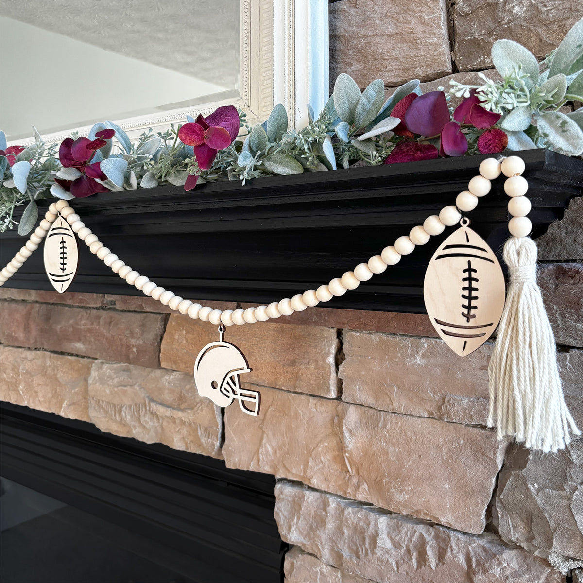 Decorations for the Big Game Maple Wood Football and Helmet Charms Ornaments with Black Hooks for Hanging on a Wood Bead Garland