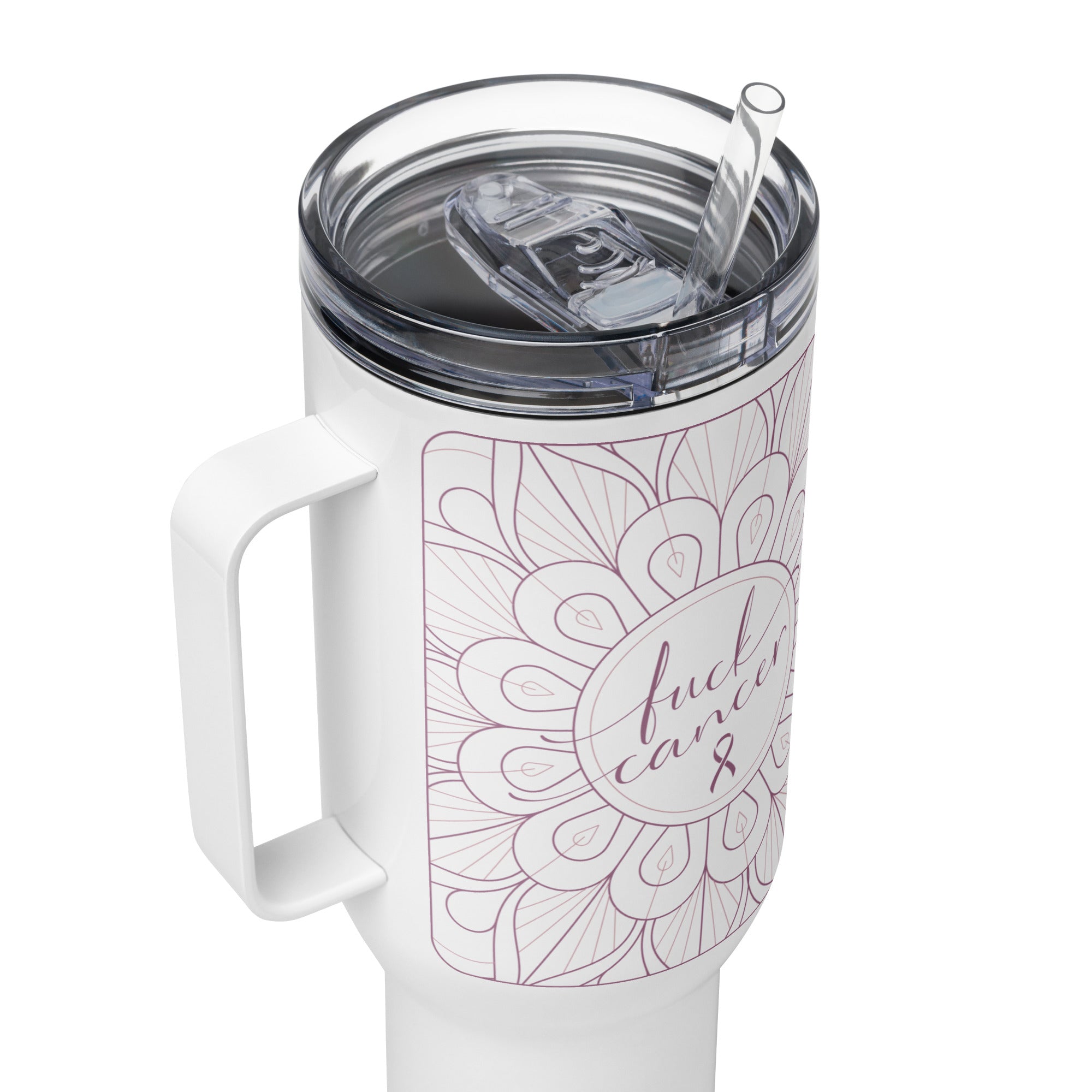 Travel tumbler insulated water bottle with lid and straw with Fuck Cancer quote chemo care package