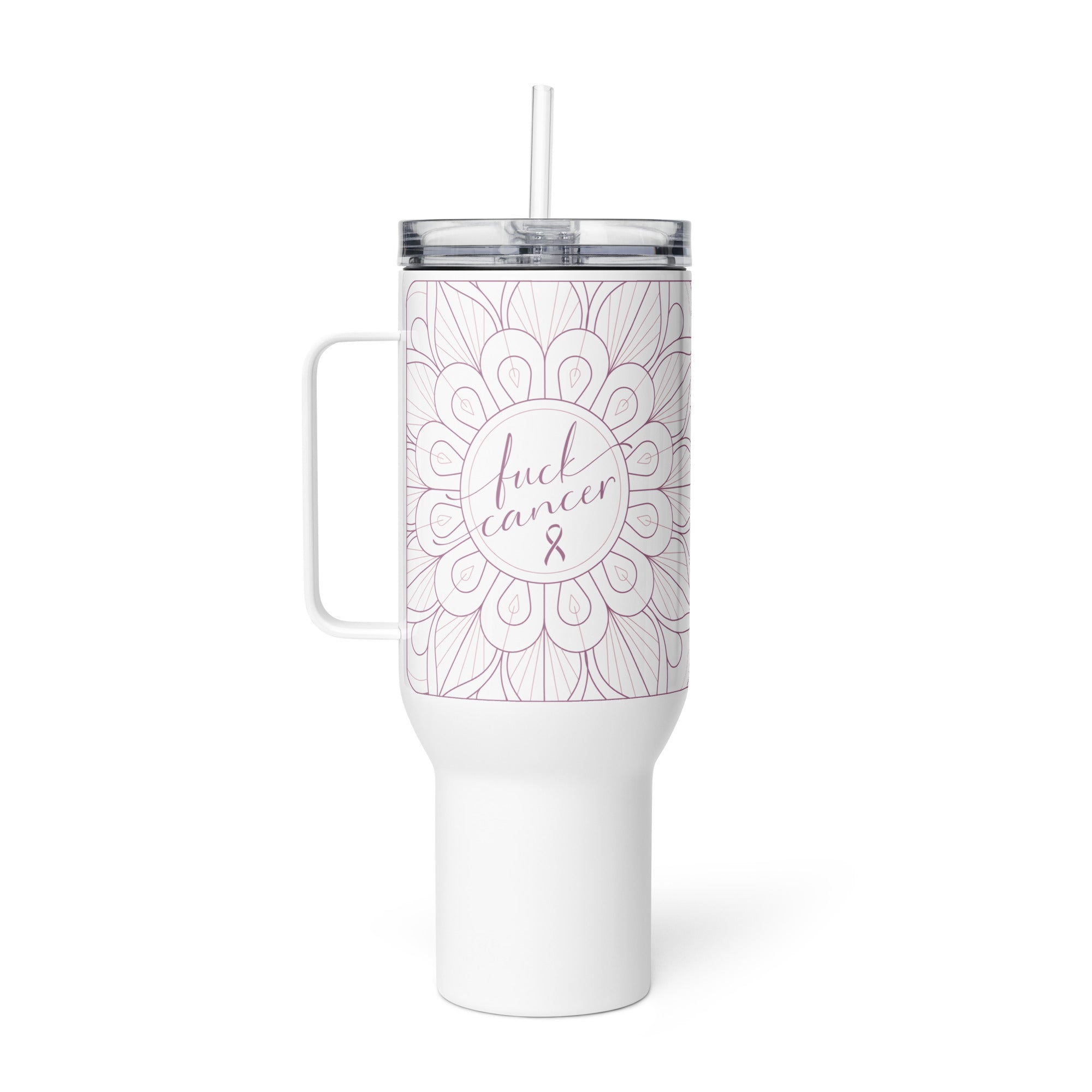 Travel tumbler insulated water bottle with lid and straw with Fuck Cancer sentiment and mandala art 40 ounces