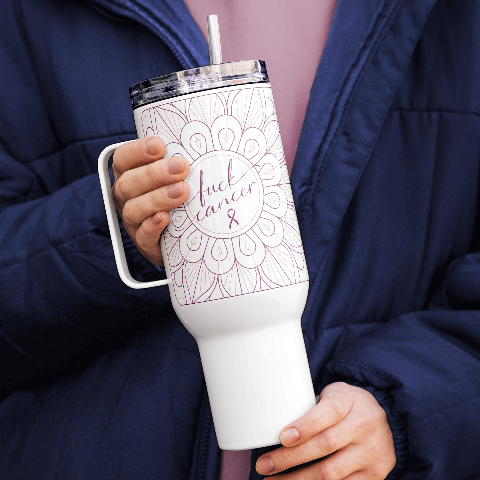 Travel tumbler insulated water bottle with lid and straw with Fuck Cancer text and pink mandala art