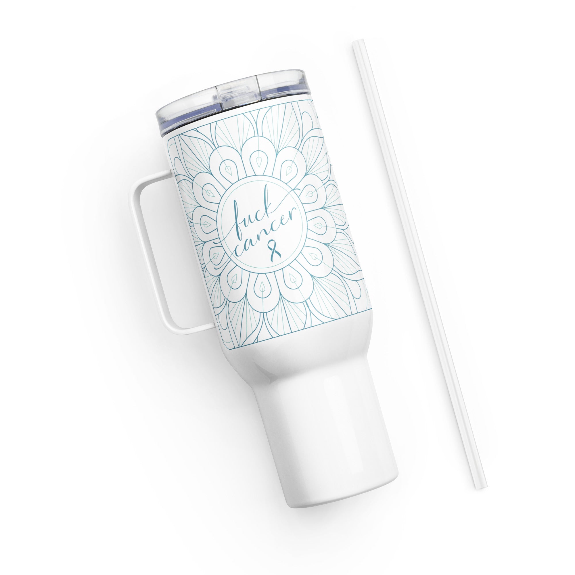 Travel tumbler insulated water bottle with lid and straw with Fuck Cancer quote chemo care package