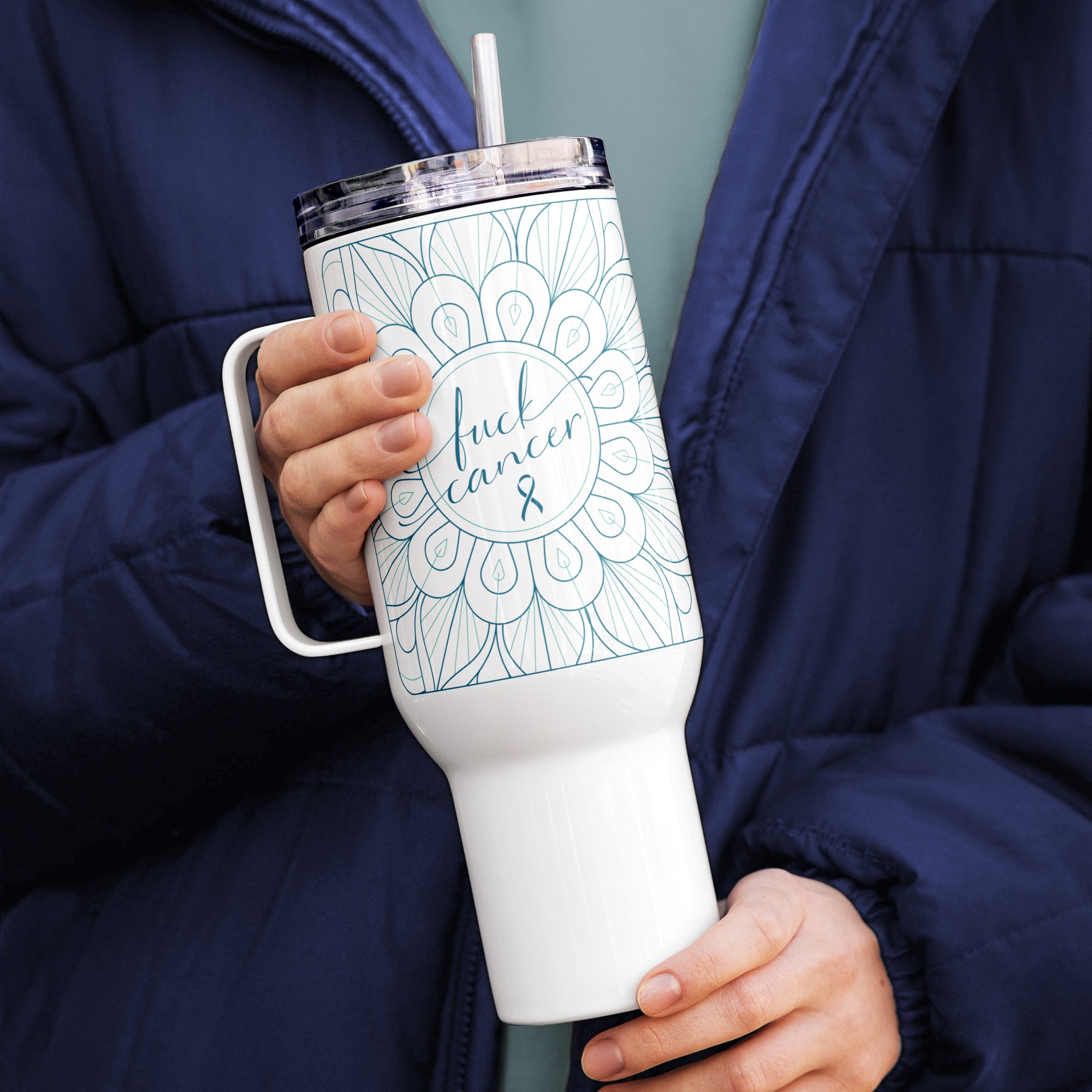 Travel tumbler insulated water bottle with lid and straw with Fuck Cancer text and teal aqua mandala art