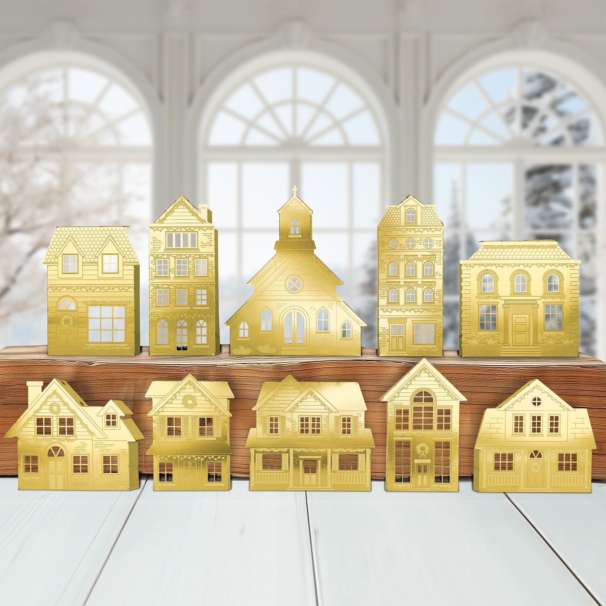 10 Christmas Village Metal Ornaments