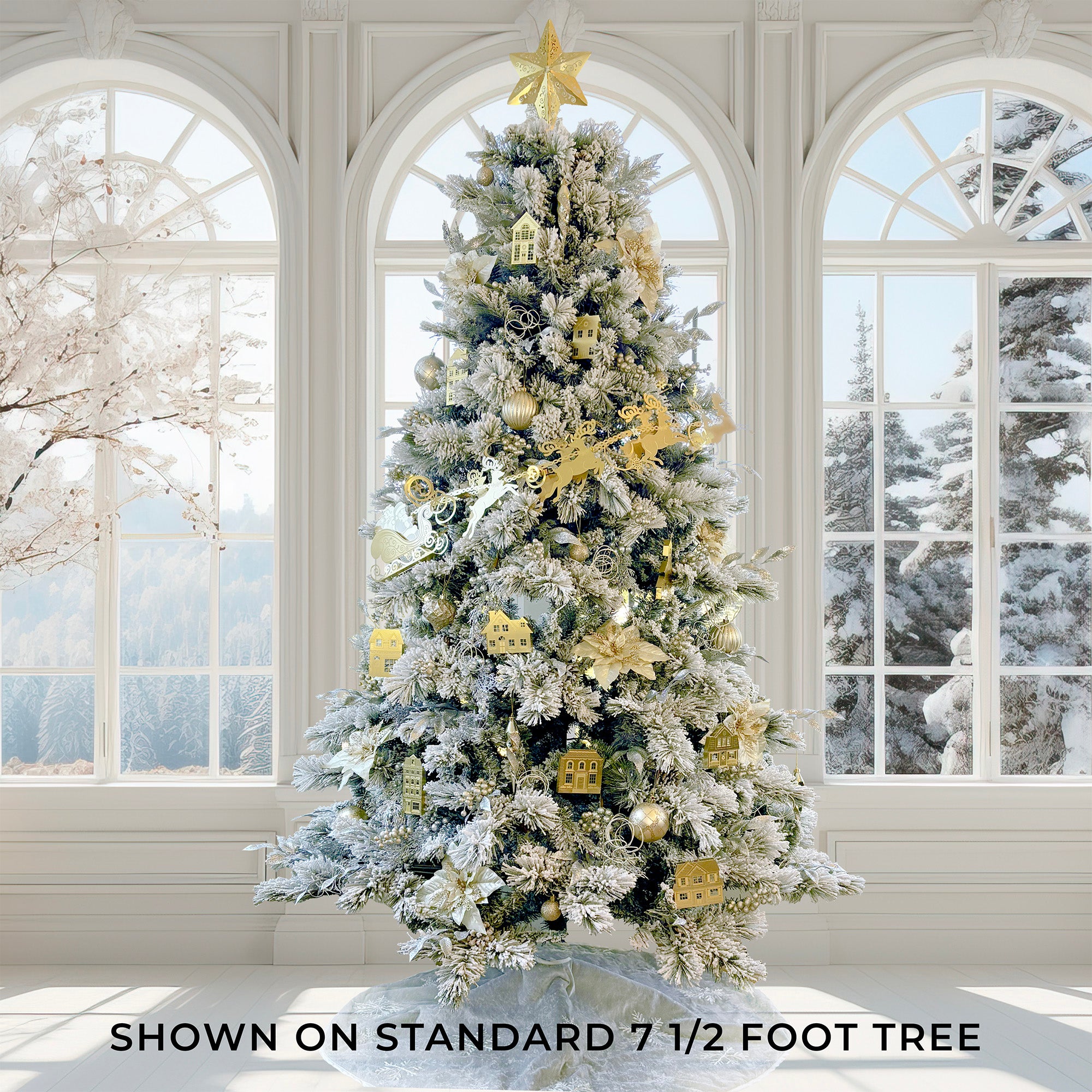 The Full Set: Santa and Reindeer Metal Garland, Village Ornaments, and Tree Topper