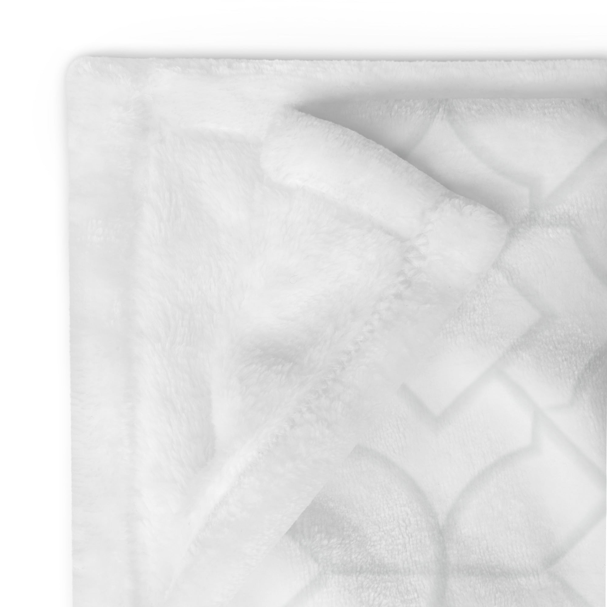 Detailed image of stitching and corner of personalized extra large blanket with light gray lattice pattern. Blanket has text that says, "a hug from Grandpa.” Farewell gift for moving away.