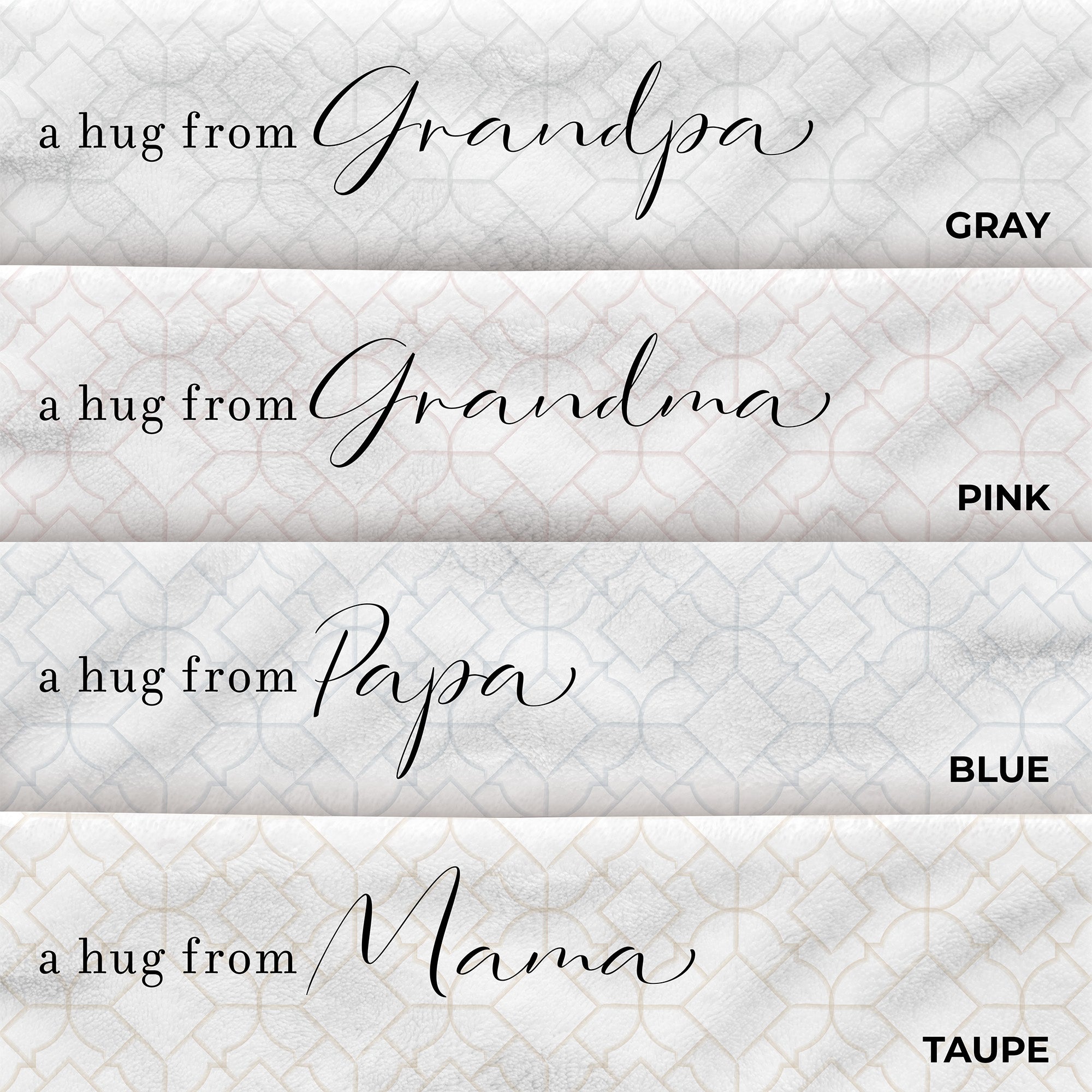 Four colors available for personalized get well blanket with "a hug from" text. Lattice pattern. Support gift for friend.