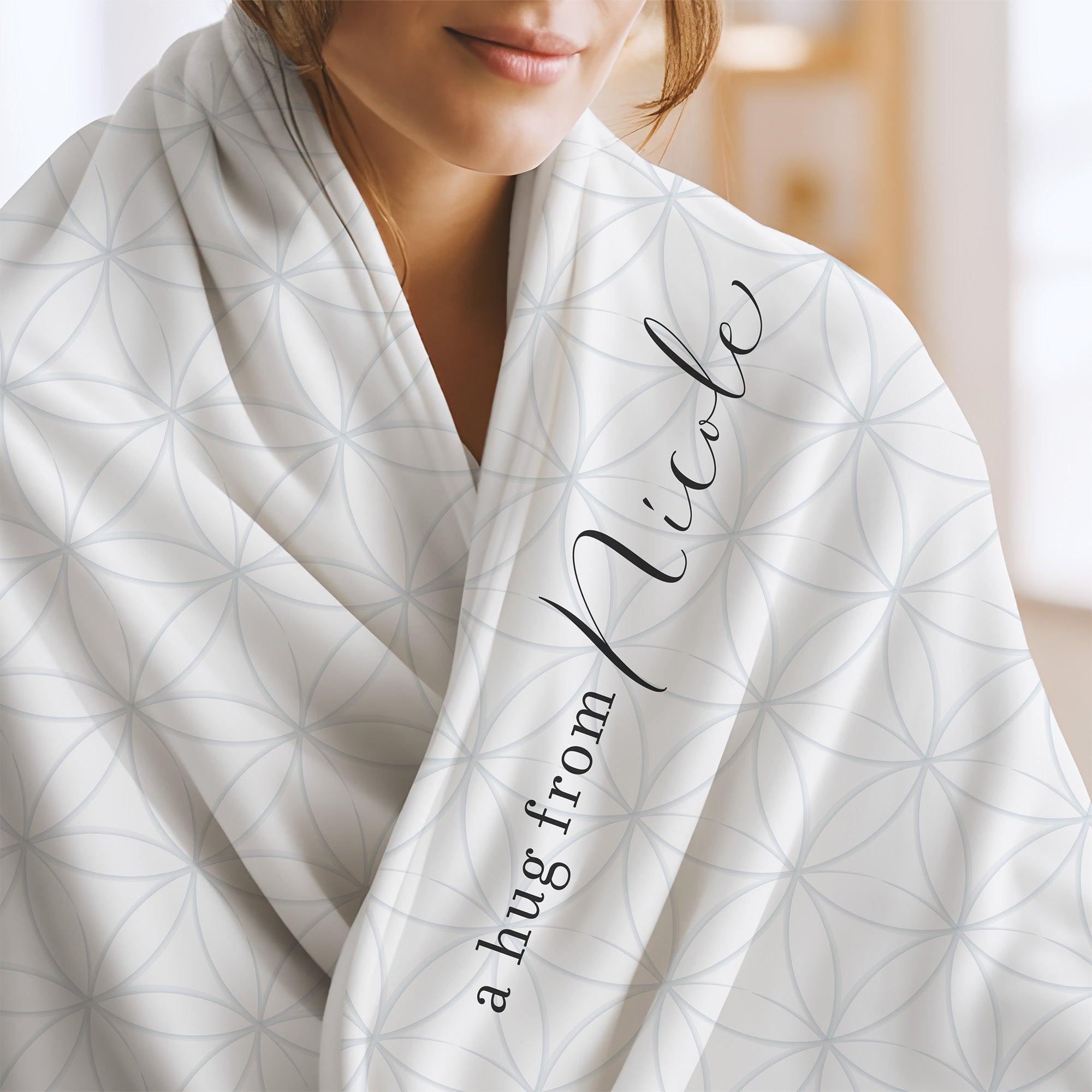 Send a hug extra soft blanket with white and blue modern circle pattern and the words "a hug from Nicole.” Get well gift for illness diagnosis.