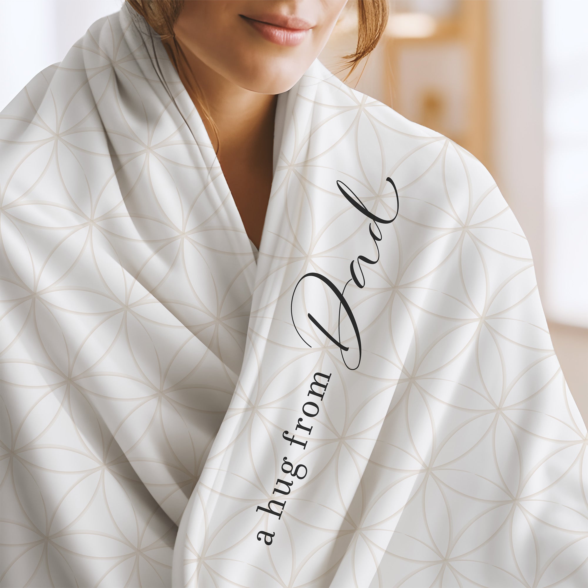 Send a hug extra soft blanket with white and taupe circles and the words "a hug from Dad.” Thinking of you gift for long distance relationship.