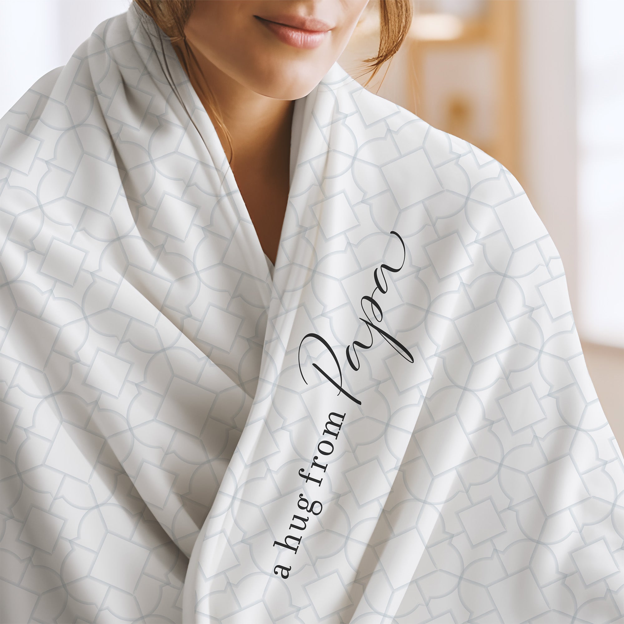 Send a hug extra soft blanket with white and blue modern tile pattern and the words "a hug from Papa.” Get well gift for illness diagnosis.