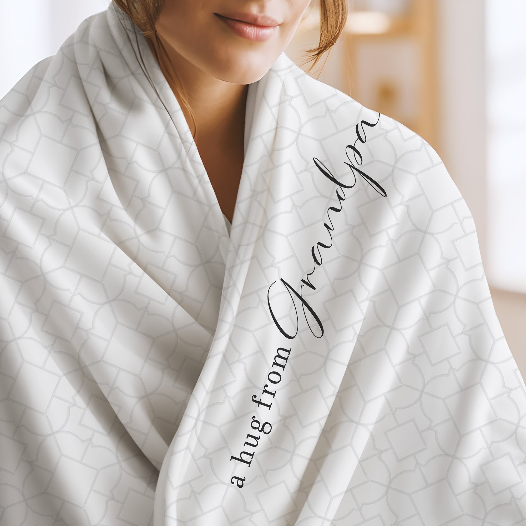 Send a hug extra soft blanket with white and gray geometric tile pattern and the words "a hug from Grandpa.” Encouragement gift for divorce or trauma.