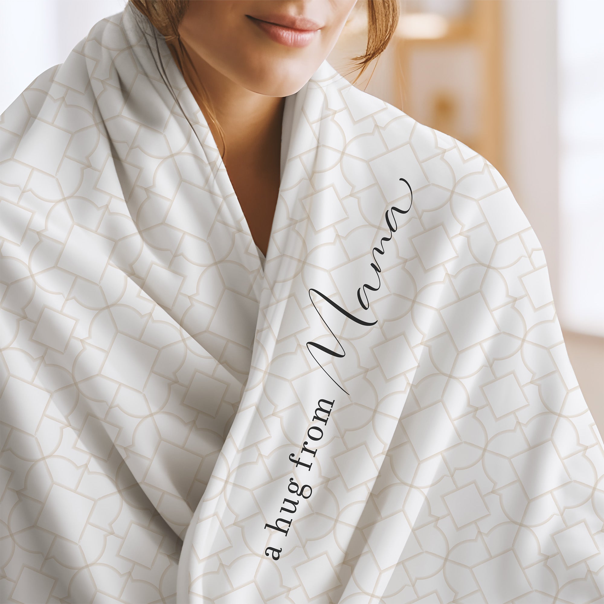 Send a hug extra soft blanket with white and taupe traditional tile pattern and the words "a hug from Mama.” Thinking of you gift for long distance relationship.