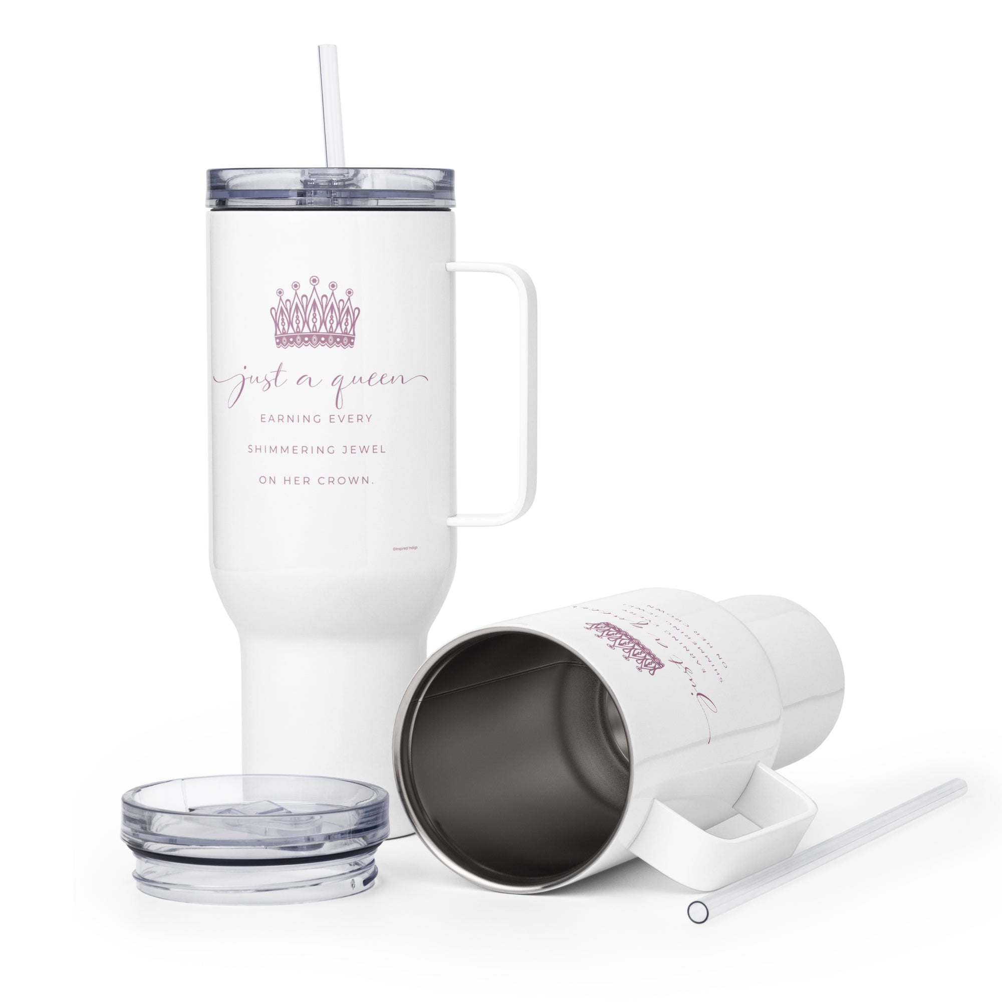 Travel tumbler insulated water bottle with lid and straw with Just a Queen inspirational quote gift for graduation promotion or new job