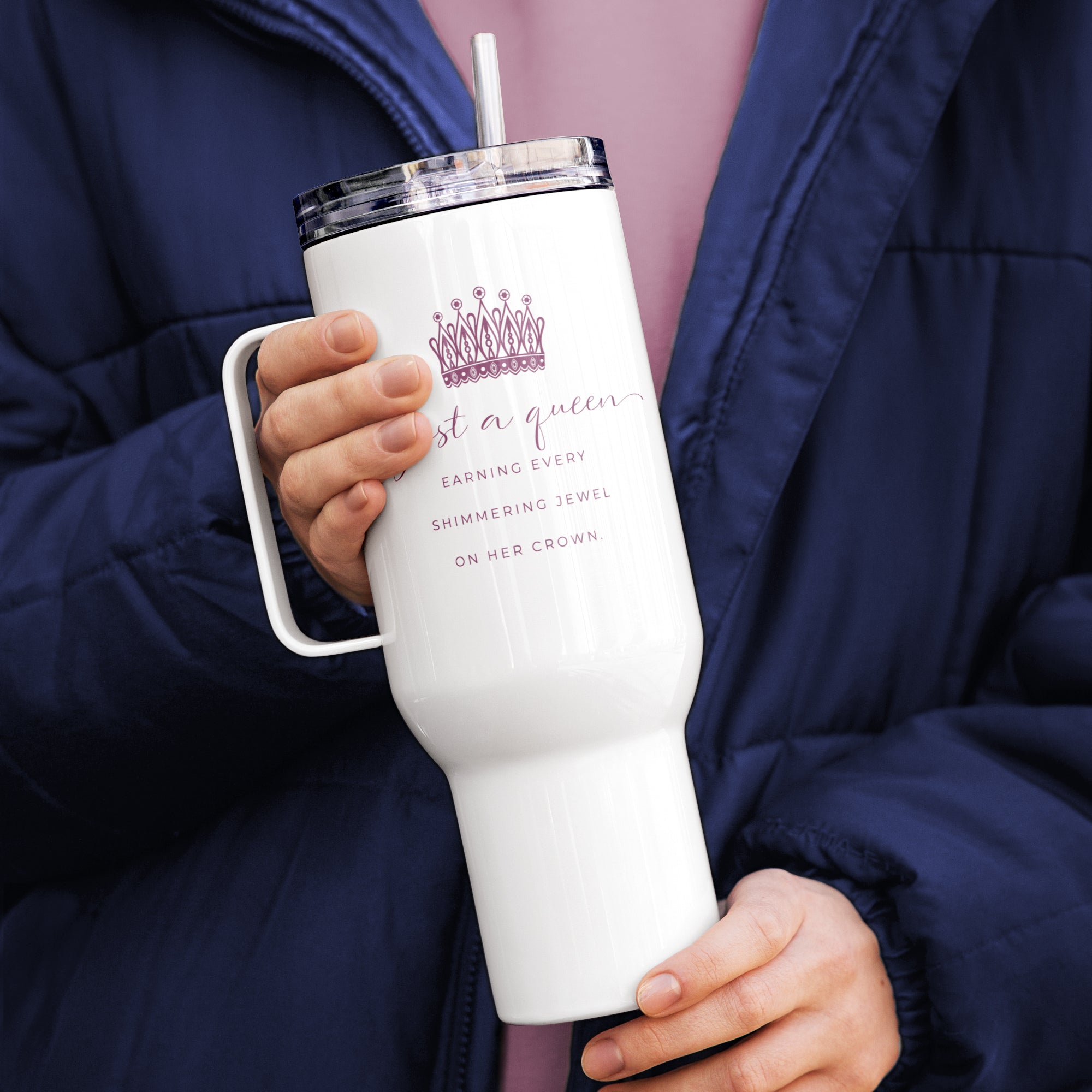 Travel tumbler insulated water bottle with lid and straw with Just a Queen inspirational quote and pink crown art