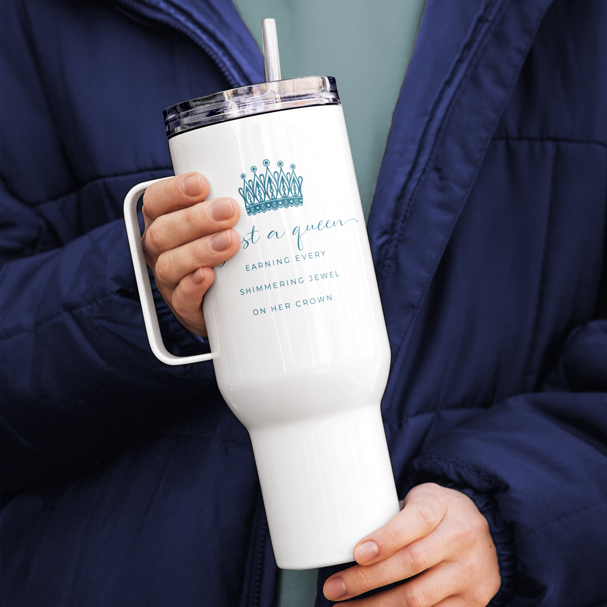 Travel tumbler insulated water bottle with lid and straw with Just a Queen inspirational quote and teal aqua crown art