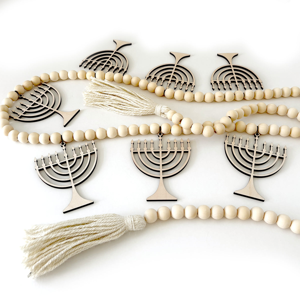 Maple Wood Menorah Charms with Wood Beaded Garland with Jude Tassels