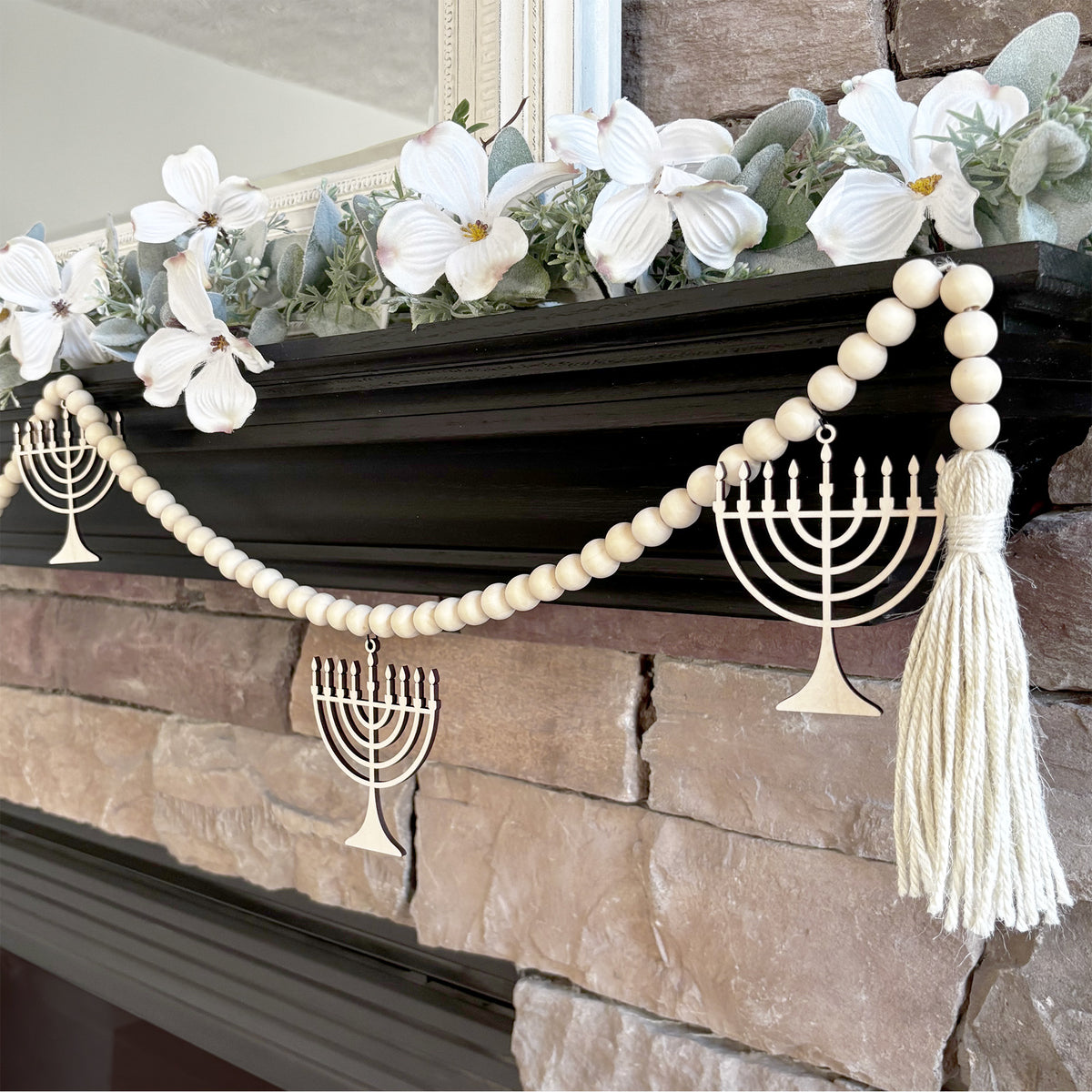 Decorations for Hanukkah Maple Wood Menorah Charms Ornaments with Black Hooks for Hanging on a Wood Bead Garland