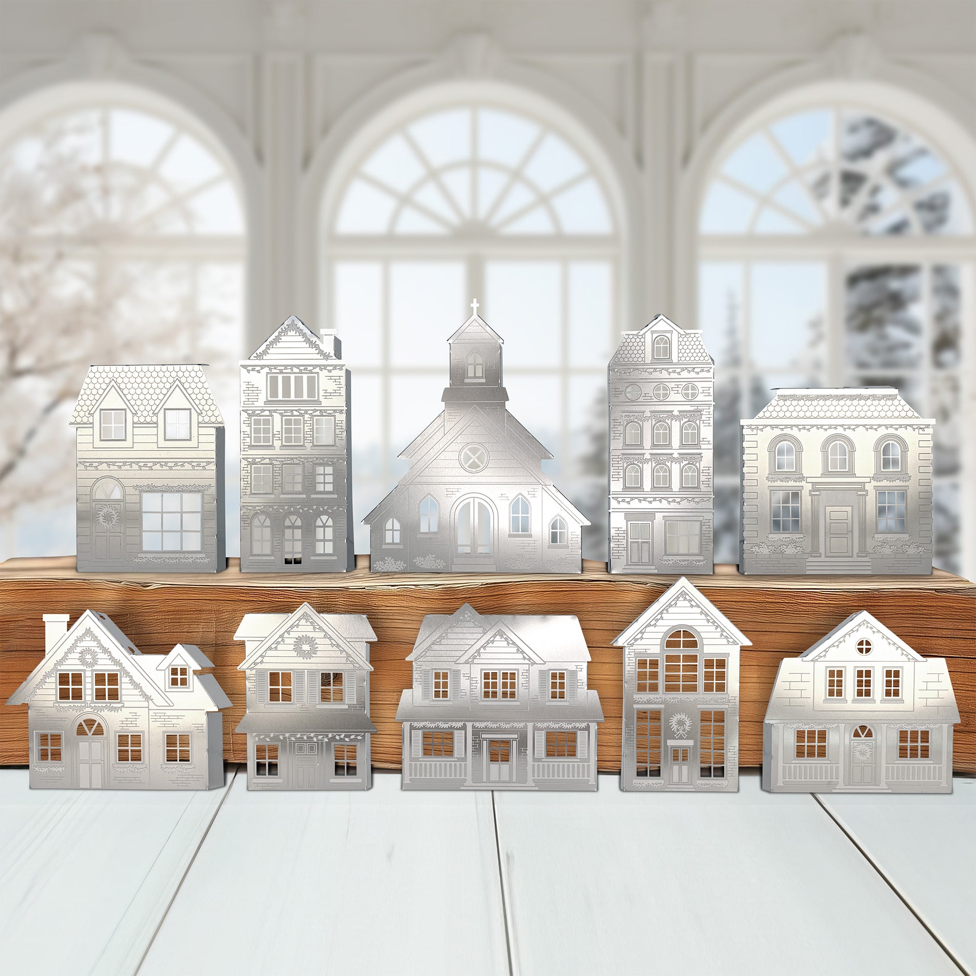 10 Christmas Village Metal Ornaments