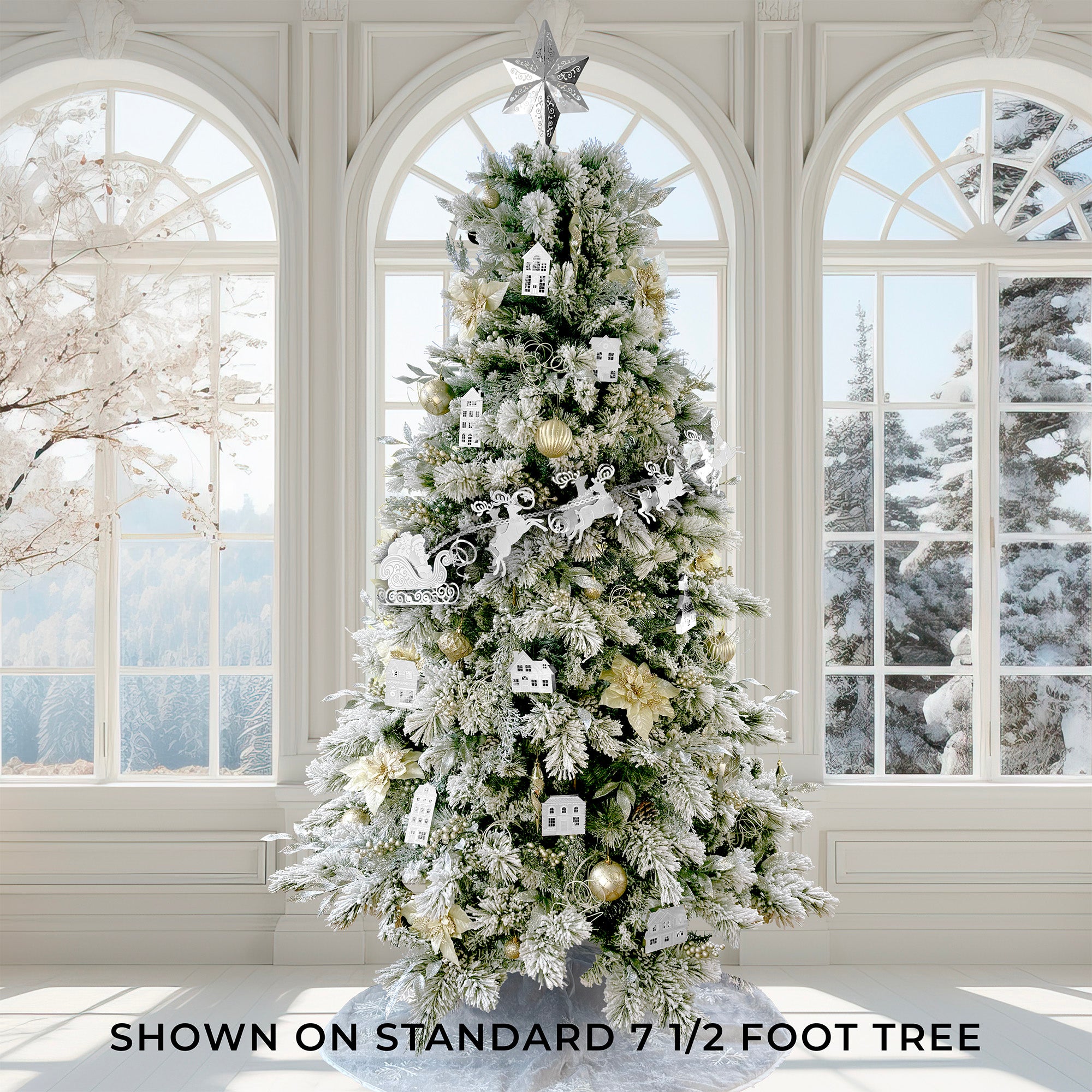 The Full Set: Santa and Reindeer Metal Garland, Village Ornaments, and Tree Topper