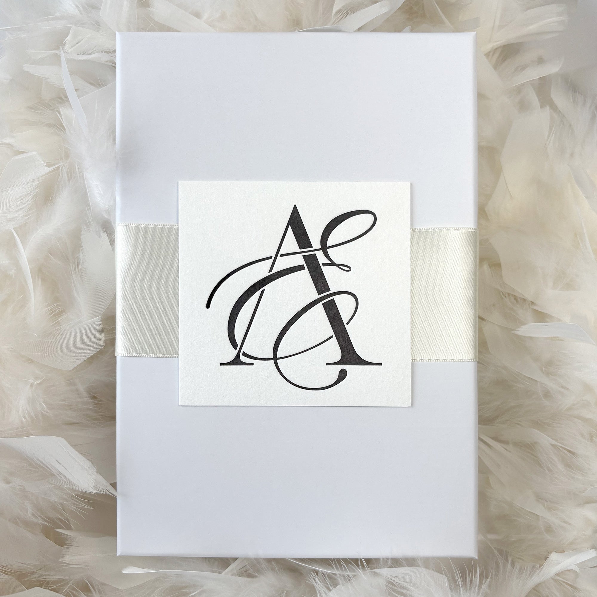 Luxury Wedding Invitation Box with Satin Ribbon and Monogram