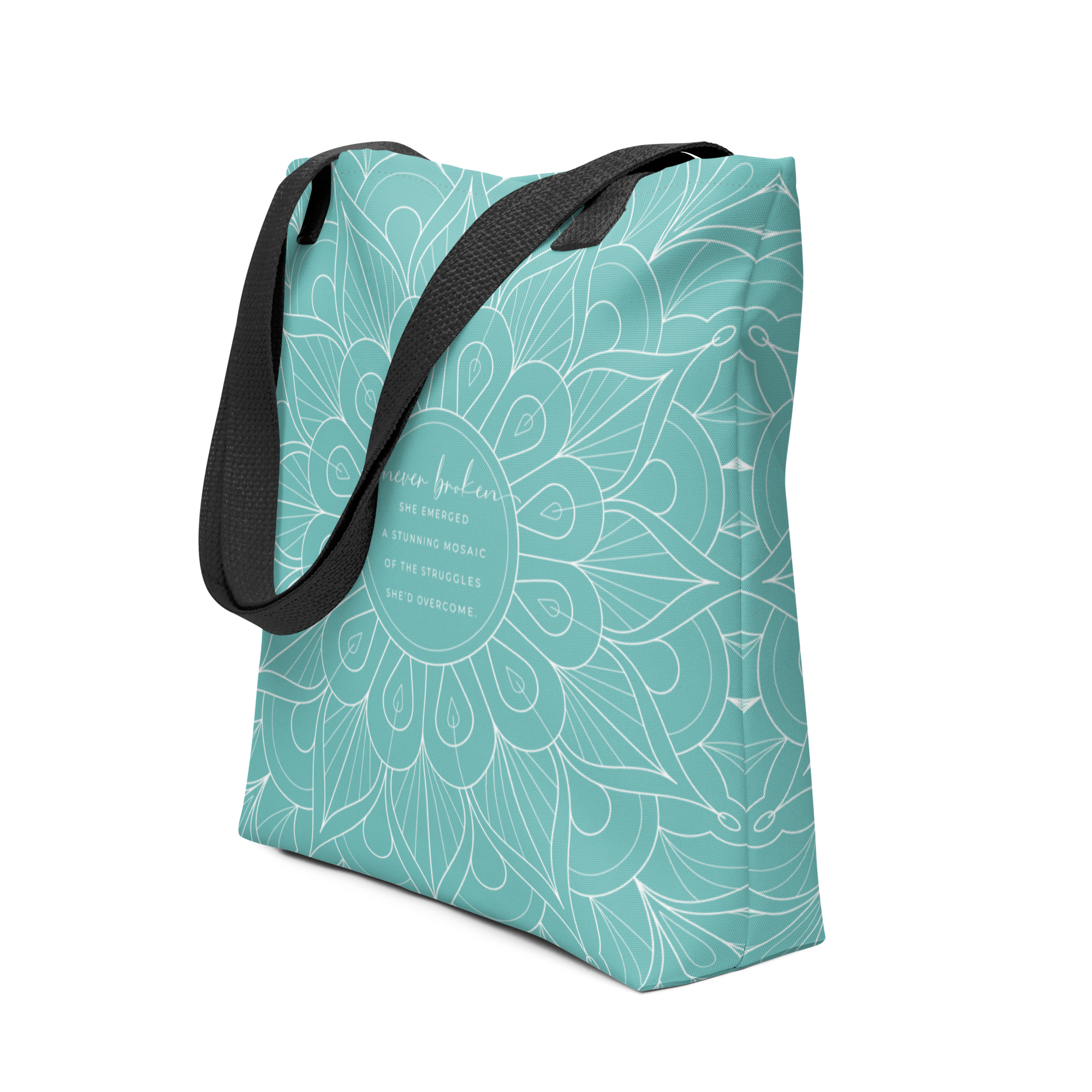 Never Broken Quote for Trauma Survivors Large Tote Bag with Pocket Teal Color