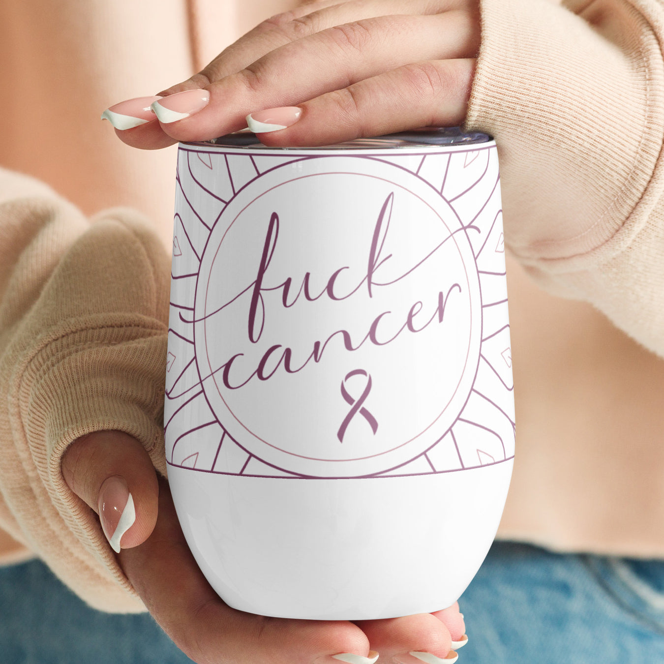 Wine tumbler insulated unbreakable metal cup with lid with Fuck Cancer quote white cup with pink ribbon design