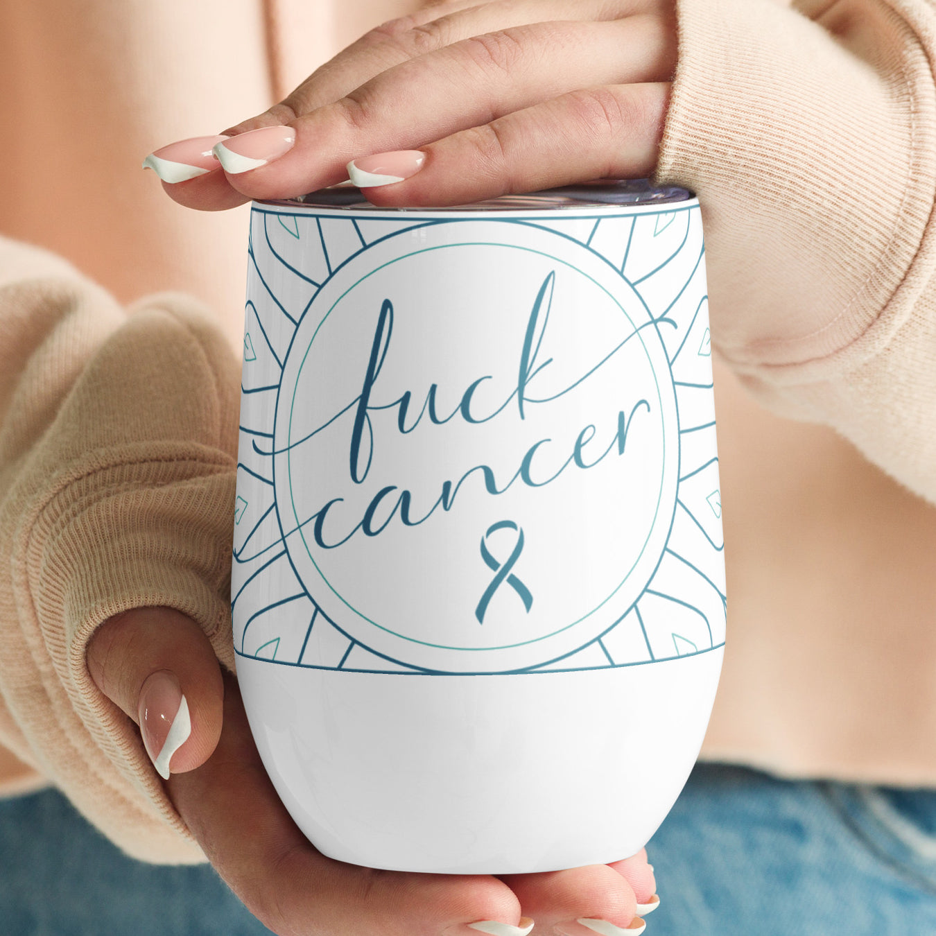 Wine tumbler insulated unbreakable metal cup with lid with Fuck Cancer quote white cup with teal aqua blue ribbon design