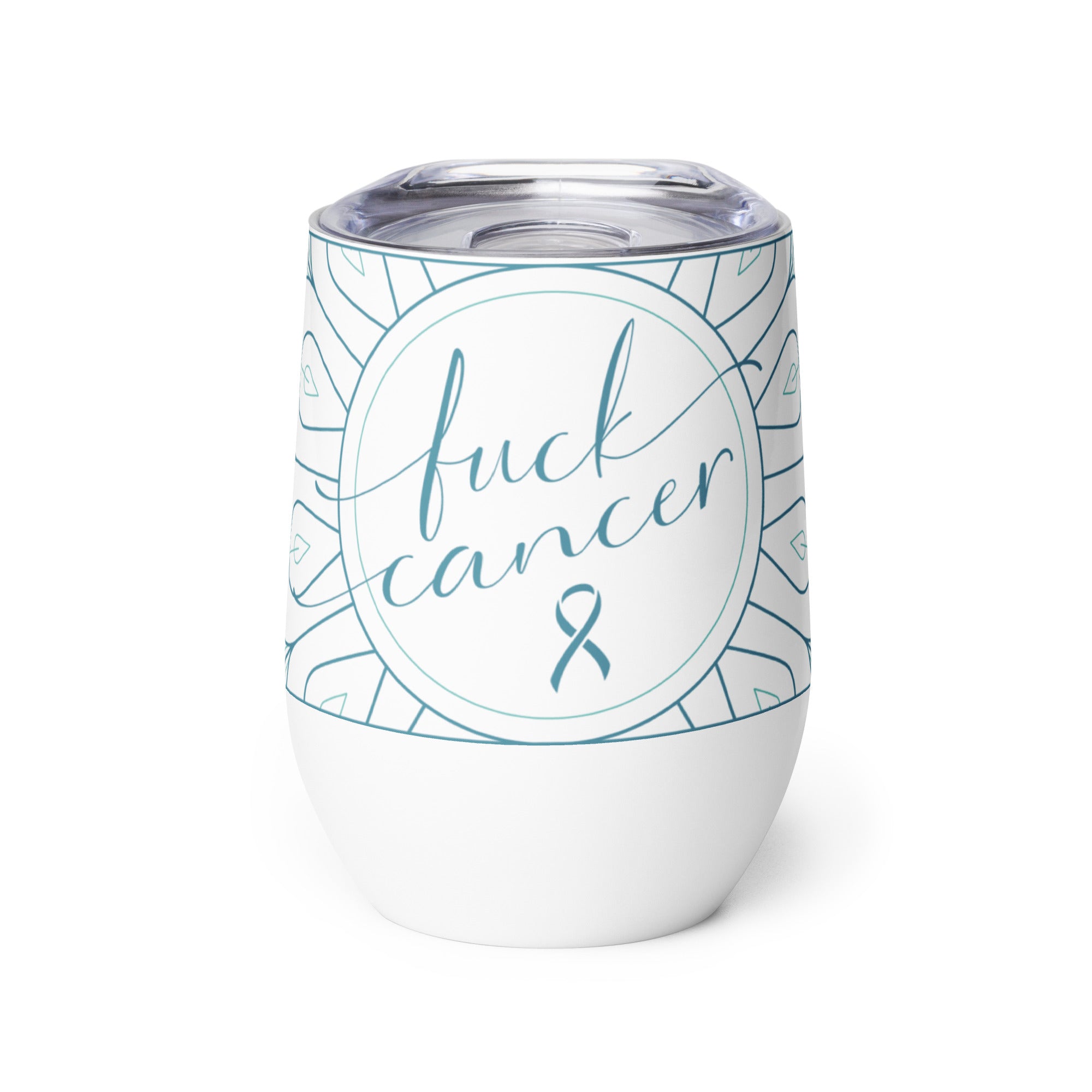 Wine tumbler insulated unbreakable metal cup with lid with Fuck Cancer text and teal aqua blue mandala art