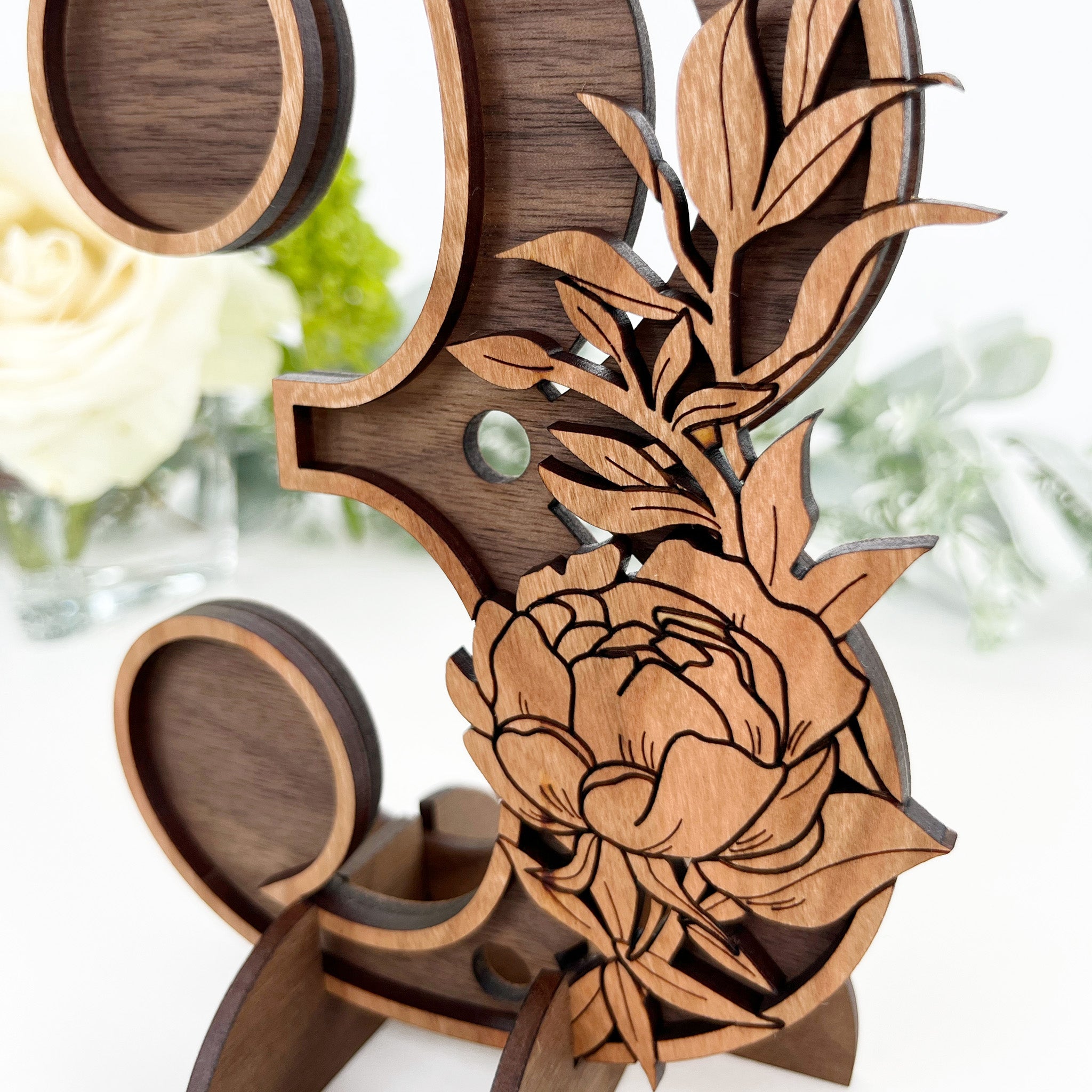 Wood Table Numbers with Stands - Floral Design
