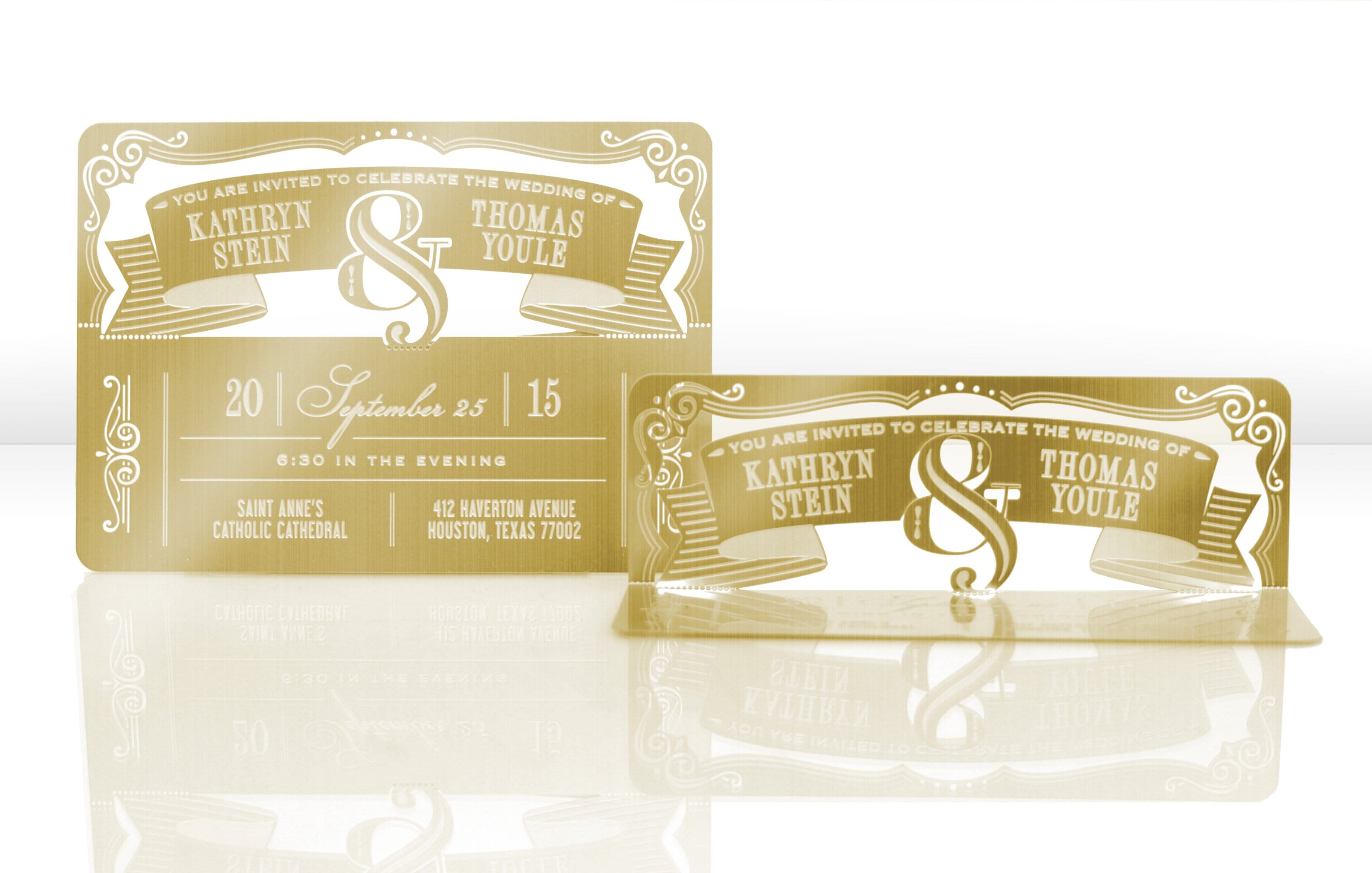 Gold Metal Wedding Invitation with Banner and Ampersand