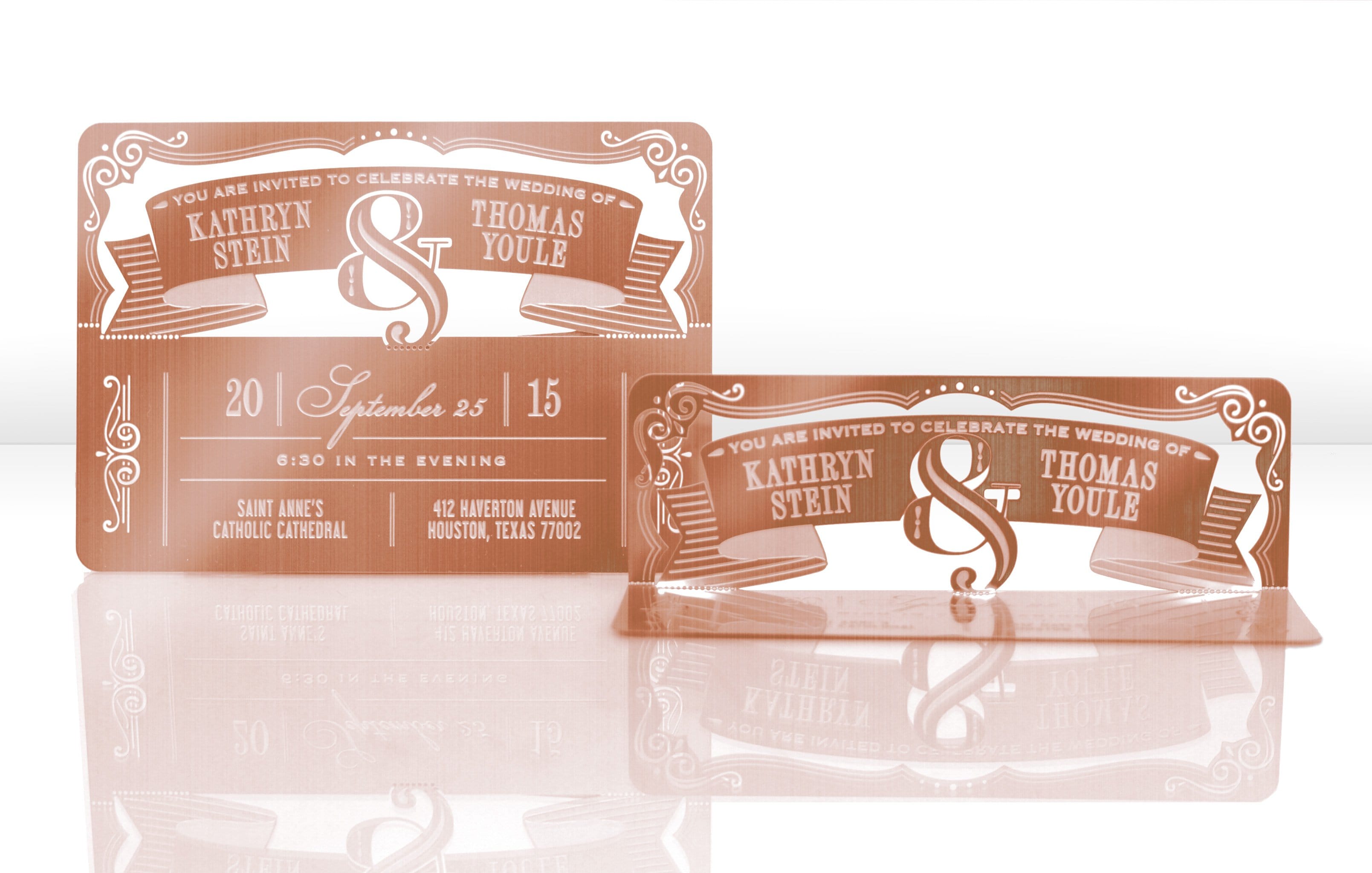 Rose Gold Metal Wedding Invitation with Banner and Ampersand