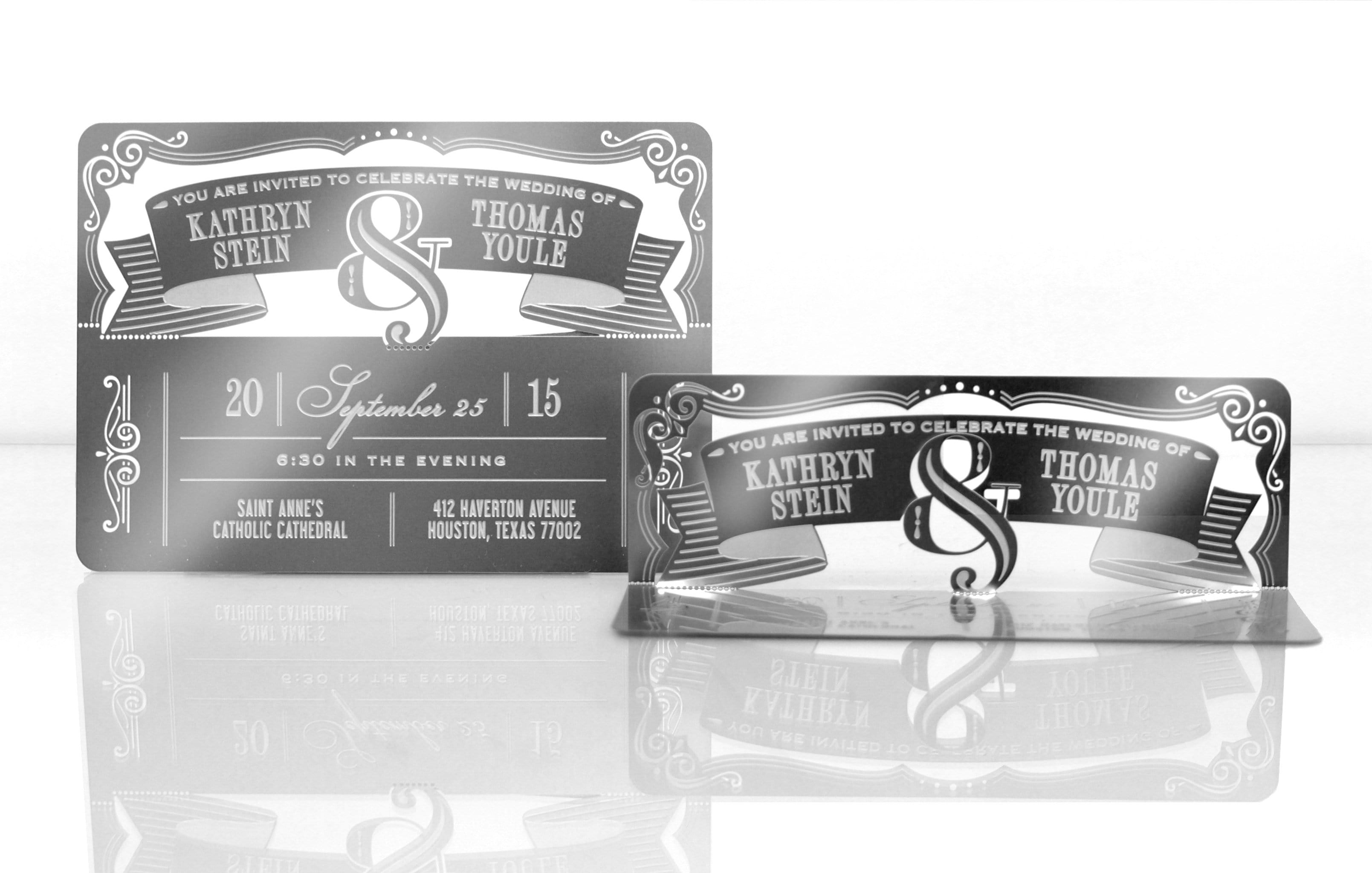 Silver Metal Wedding Invitation with Banner and Ampersand