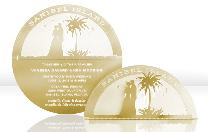 Gold Metal Wedding Invitation with Palm Tree and Beach