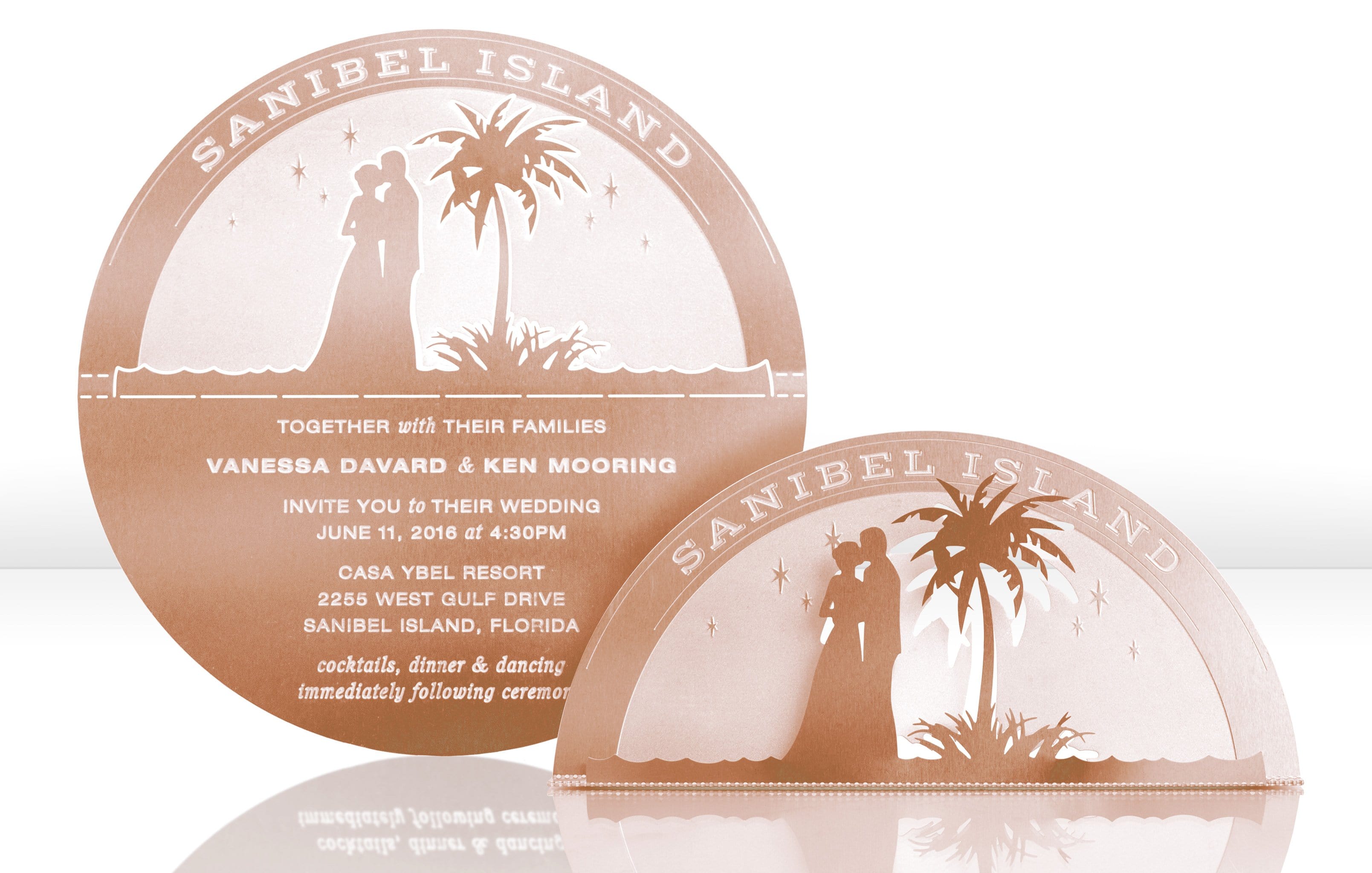 Rose Gold Metal Wedding Invitation with Beach Theme