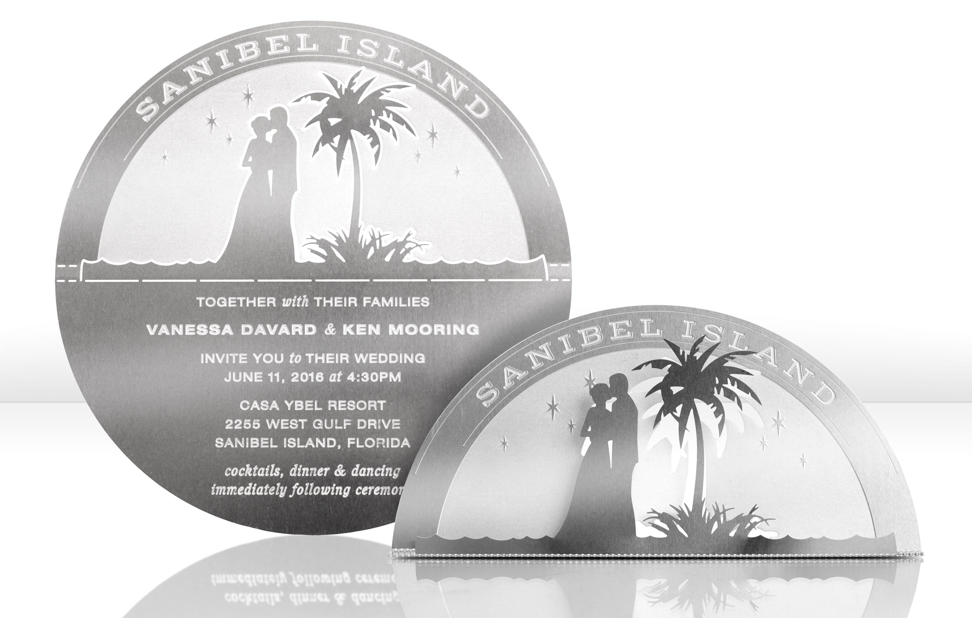 Silver Metal Wedding Invitation with Beach and Palm Tree