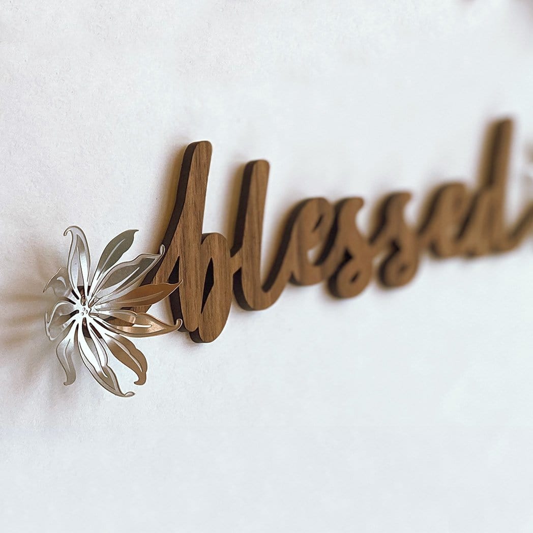Blessed Wall Art Wood with Metal Flowers