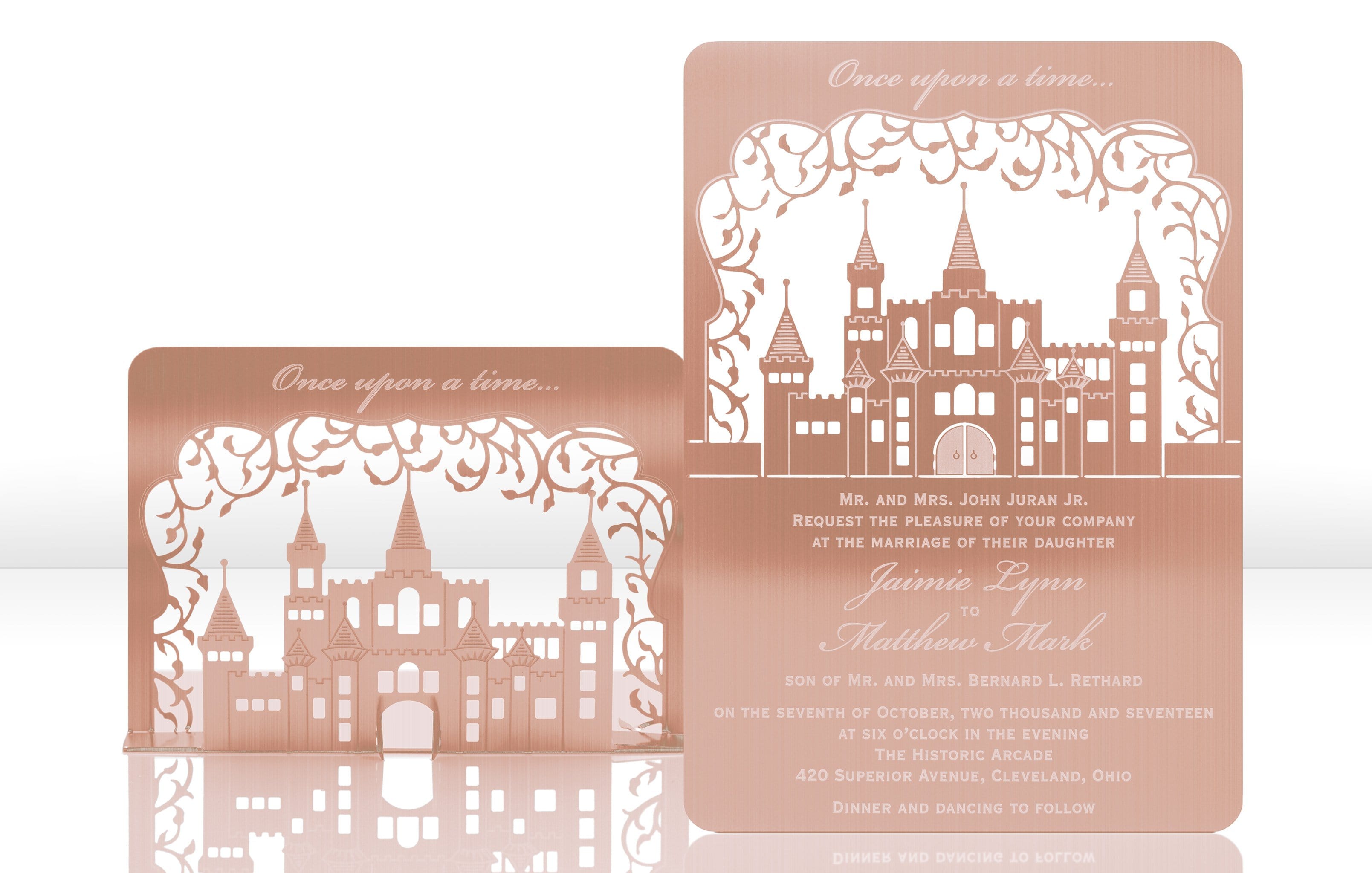 Rose Gold Metal Wedding Invitation with Fairytale Castle