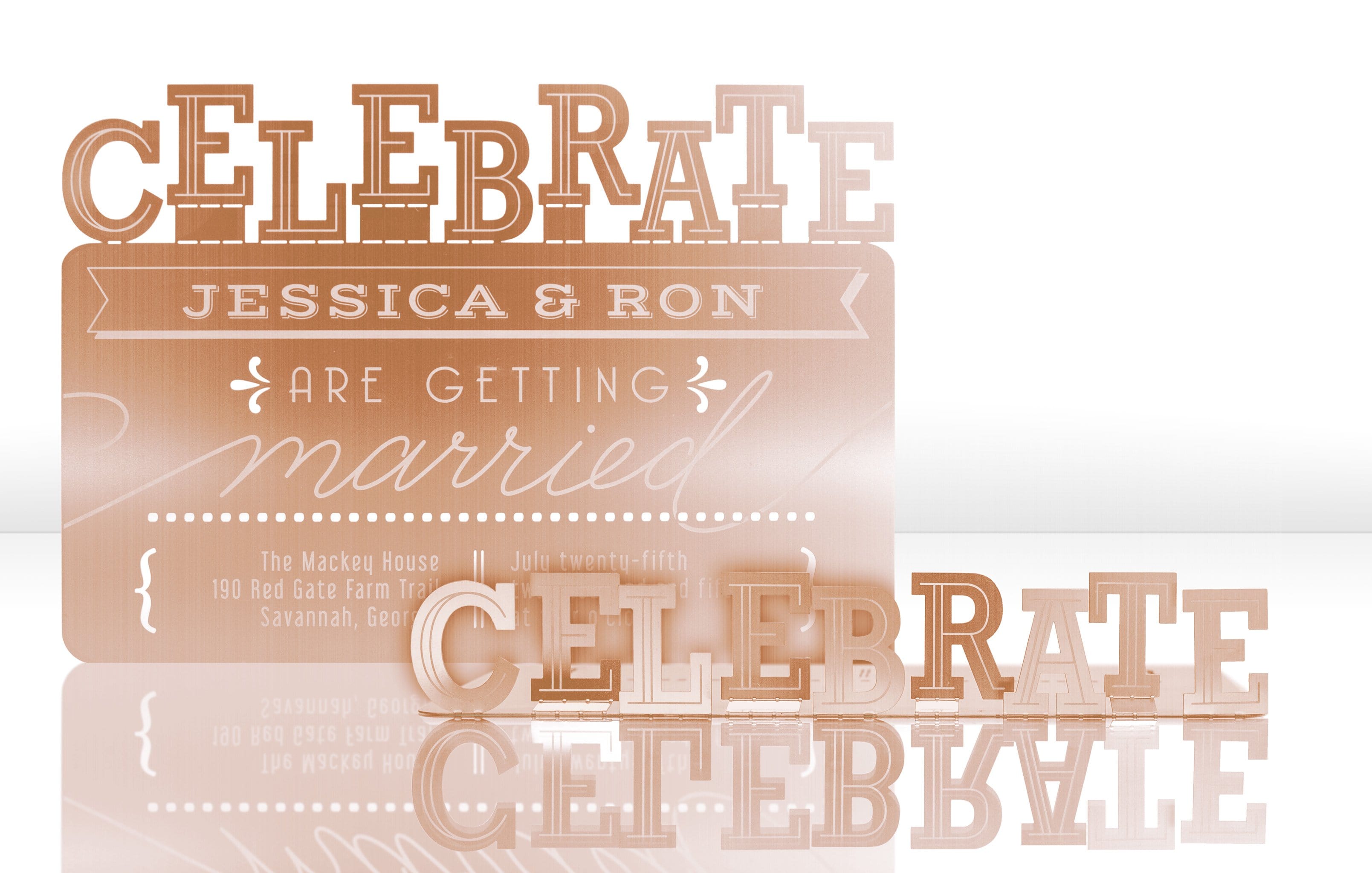 Rose Gold Metal Wedding Invitation with Celebration Theme