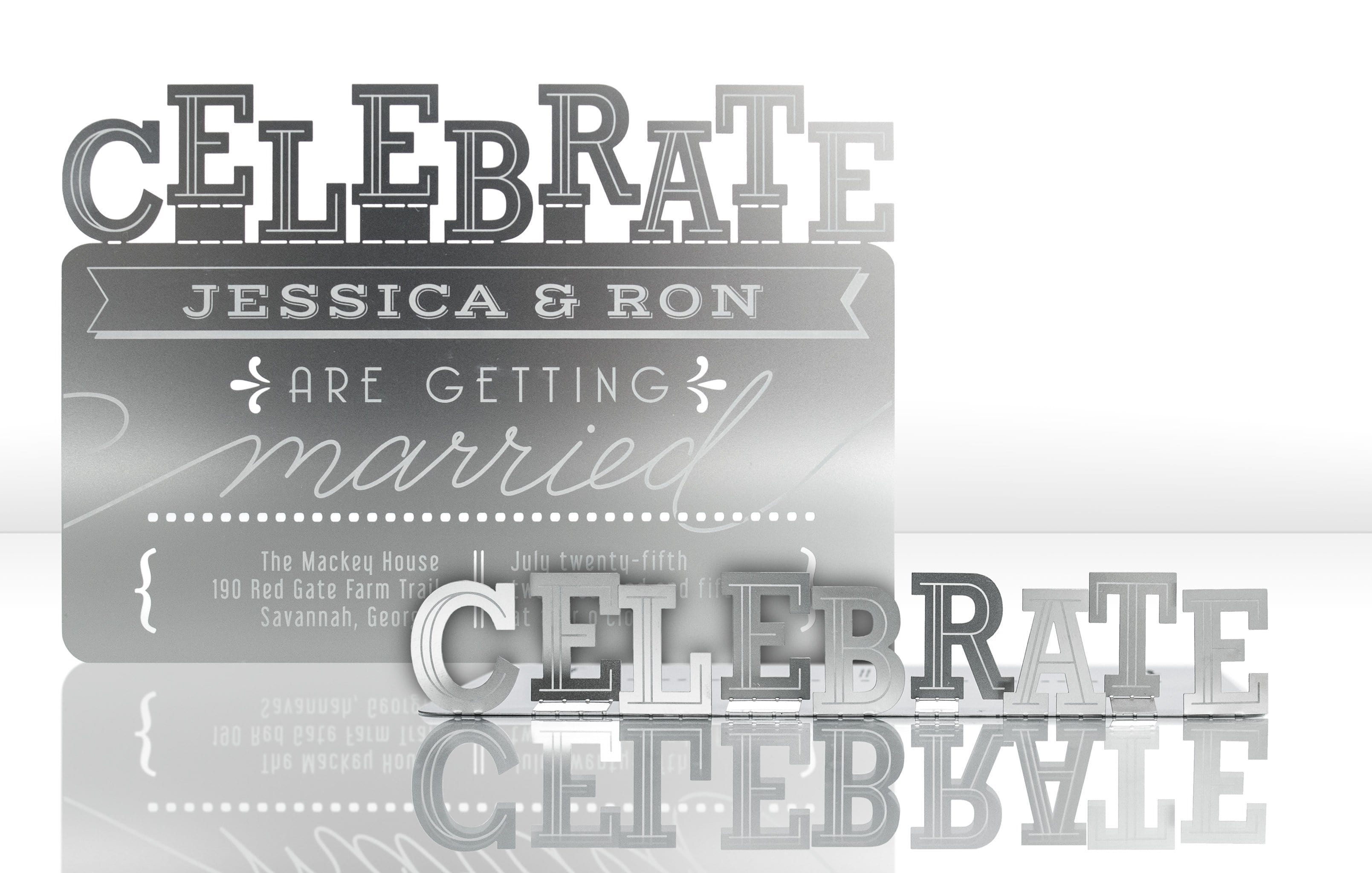 Silver Metal Wedding Invitation with Celebrate