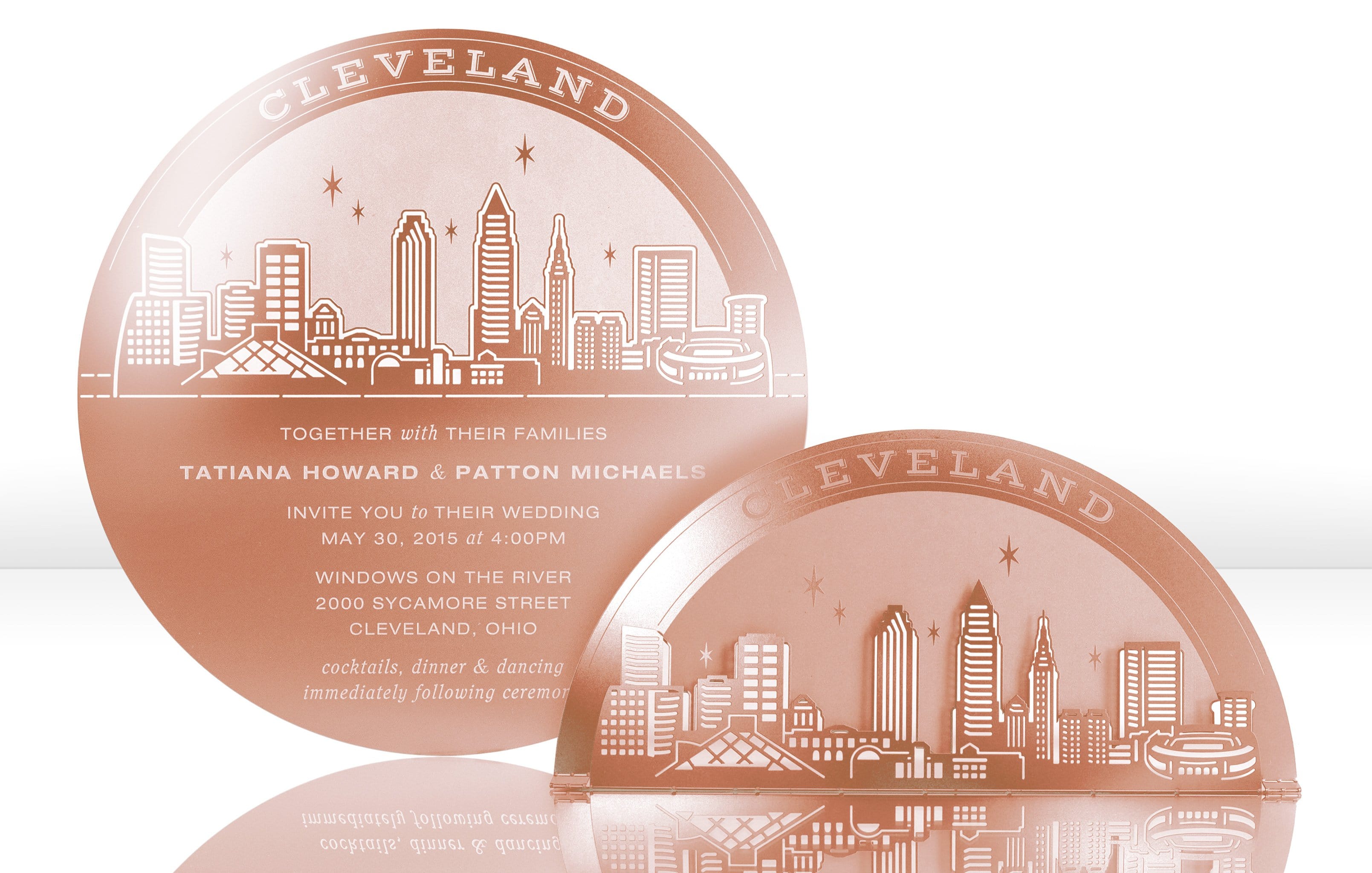 Rose Gold Metal Wedding Invitation with Cleveland Skyline