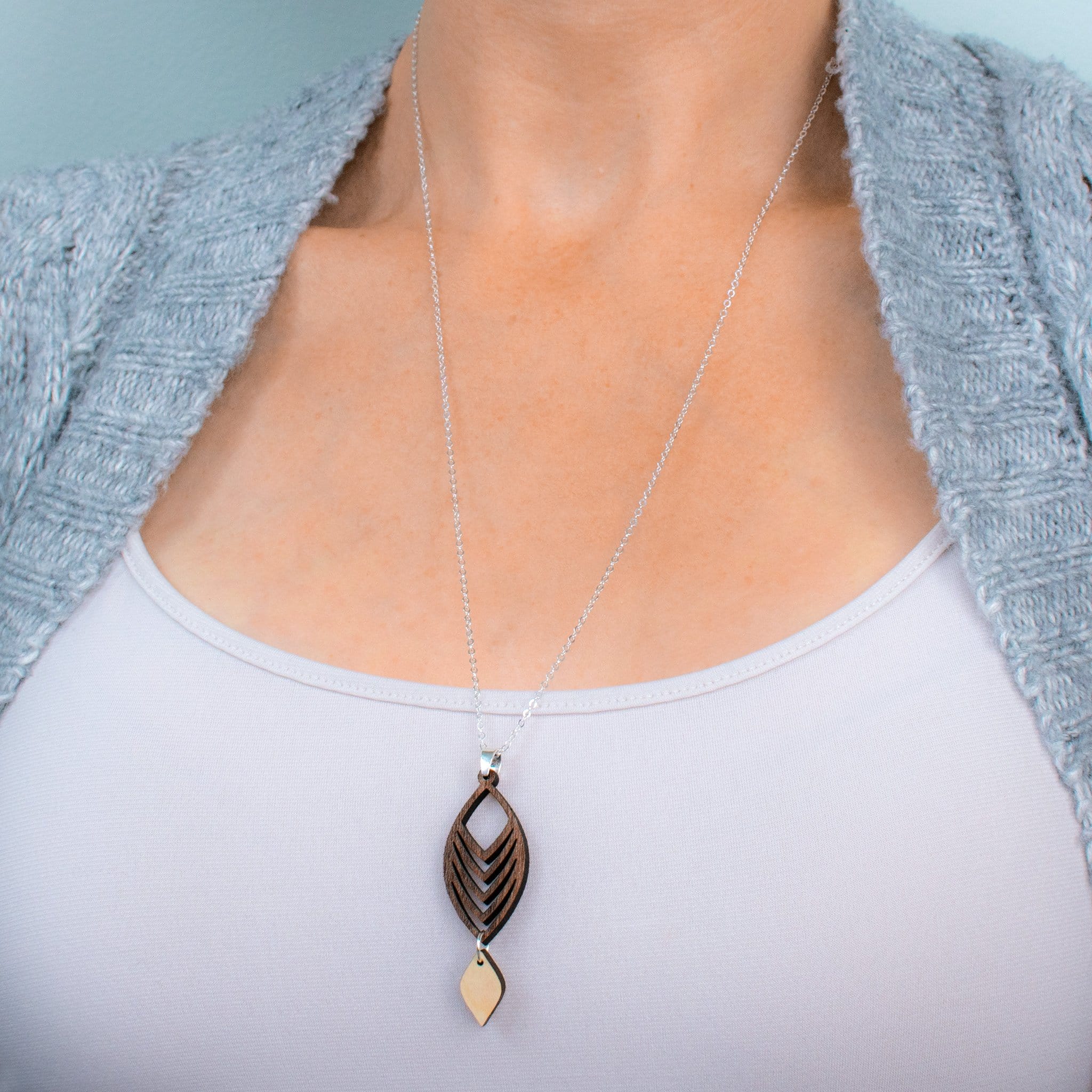 Curved Chevron Wood Necklace with 24" Silver Chain