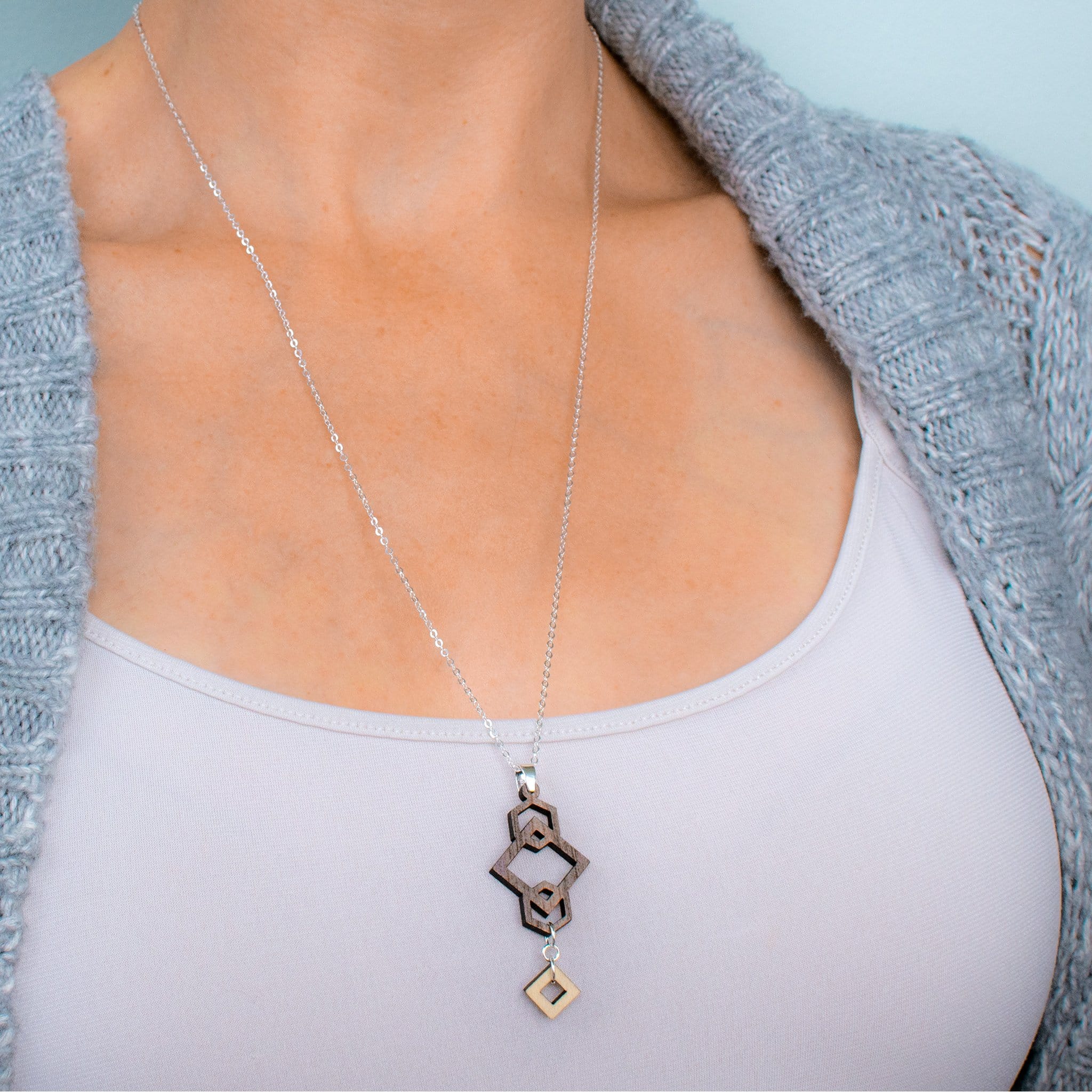 Geometric Wood Necklace with Silver 24" Chain