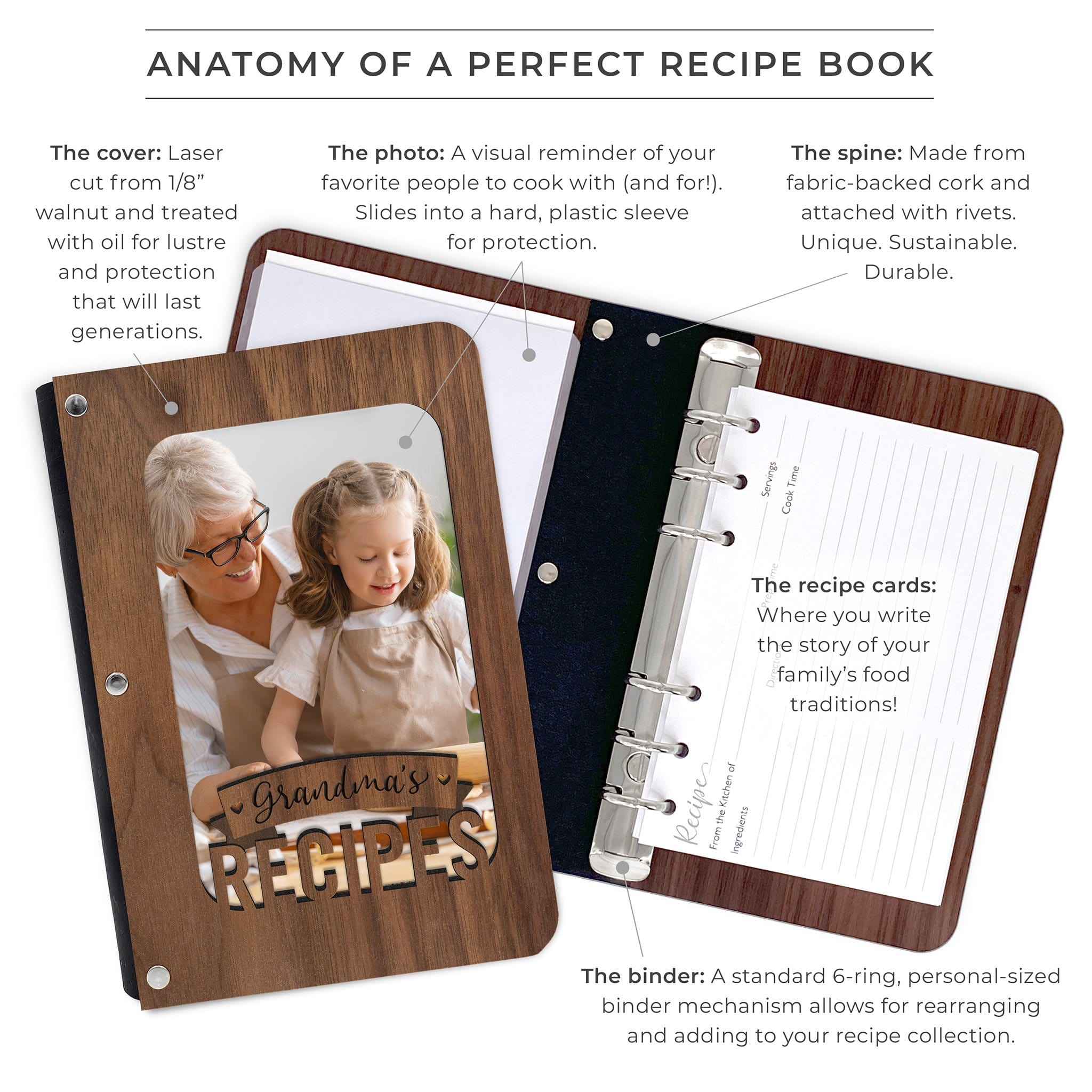 Grandma's Recipe Book with Wood Cover and Recipe Cards