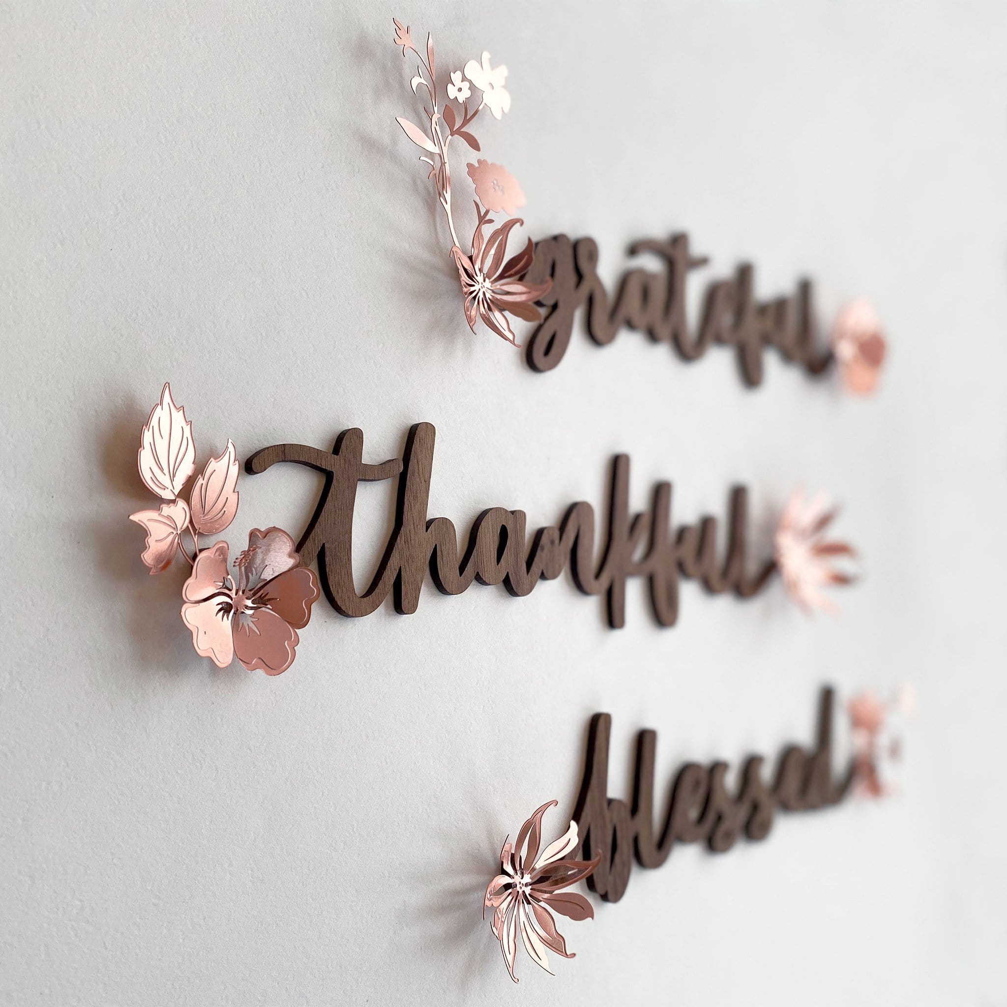 Grateful Thankful Blessed Wall Art Wood with Metal Flowers