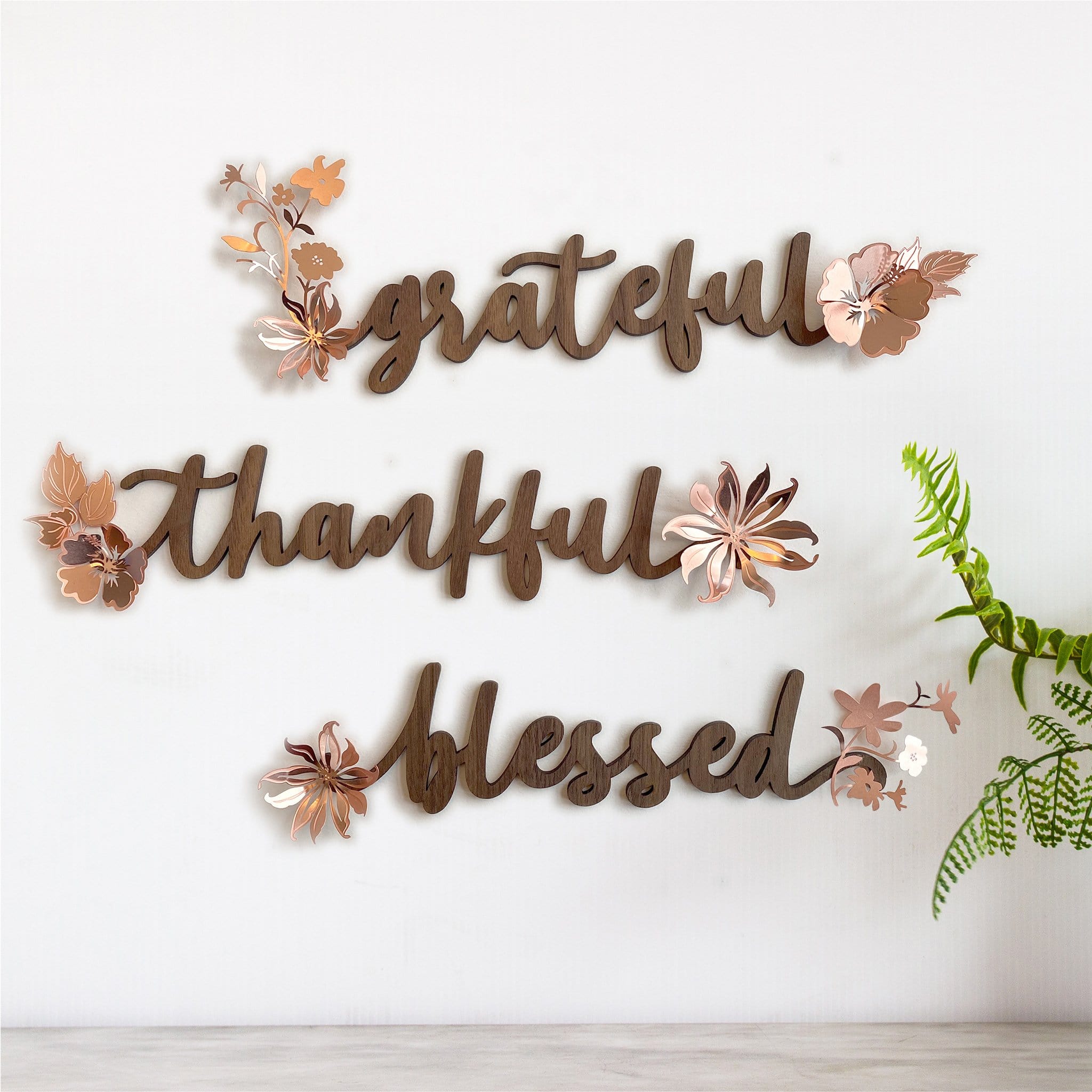 Grateful Thankful Blessed Wood Wall Art with Rose Gold Metal Accents