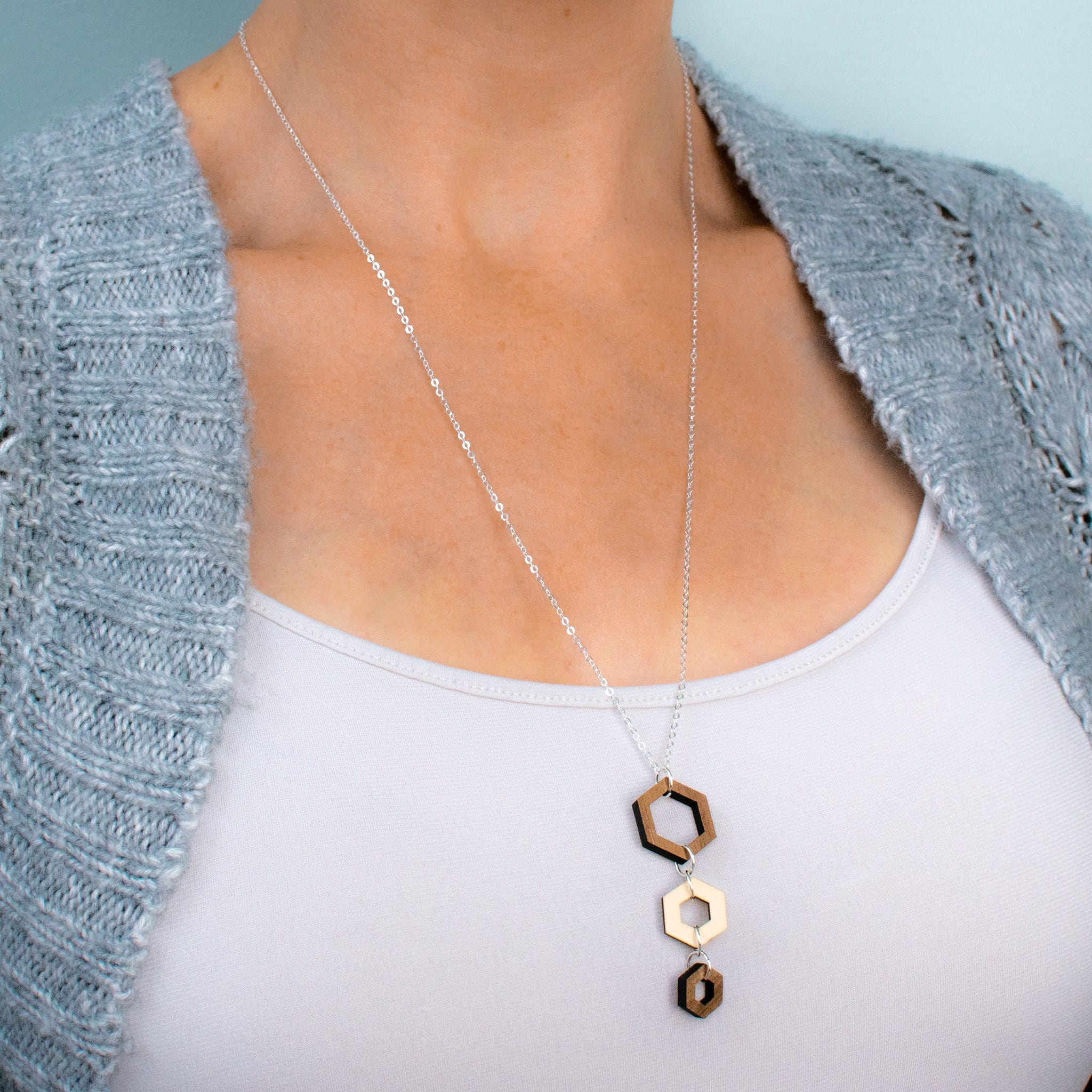 Hexagon Wood Necklace with 24" Silver Chain