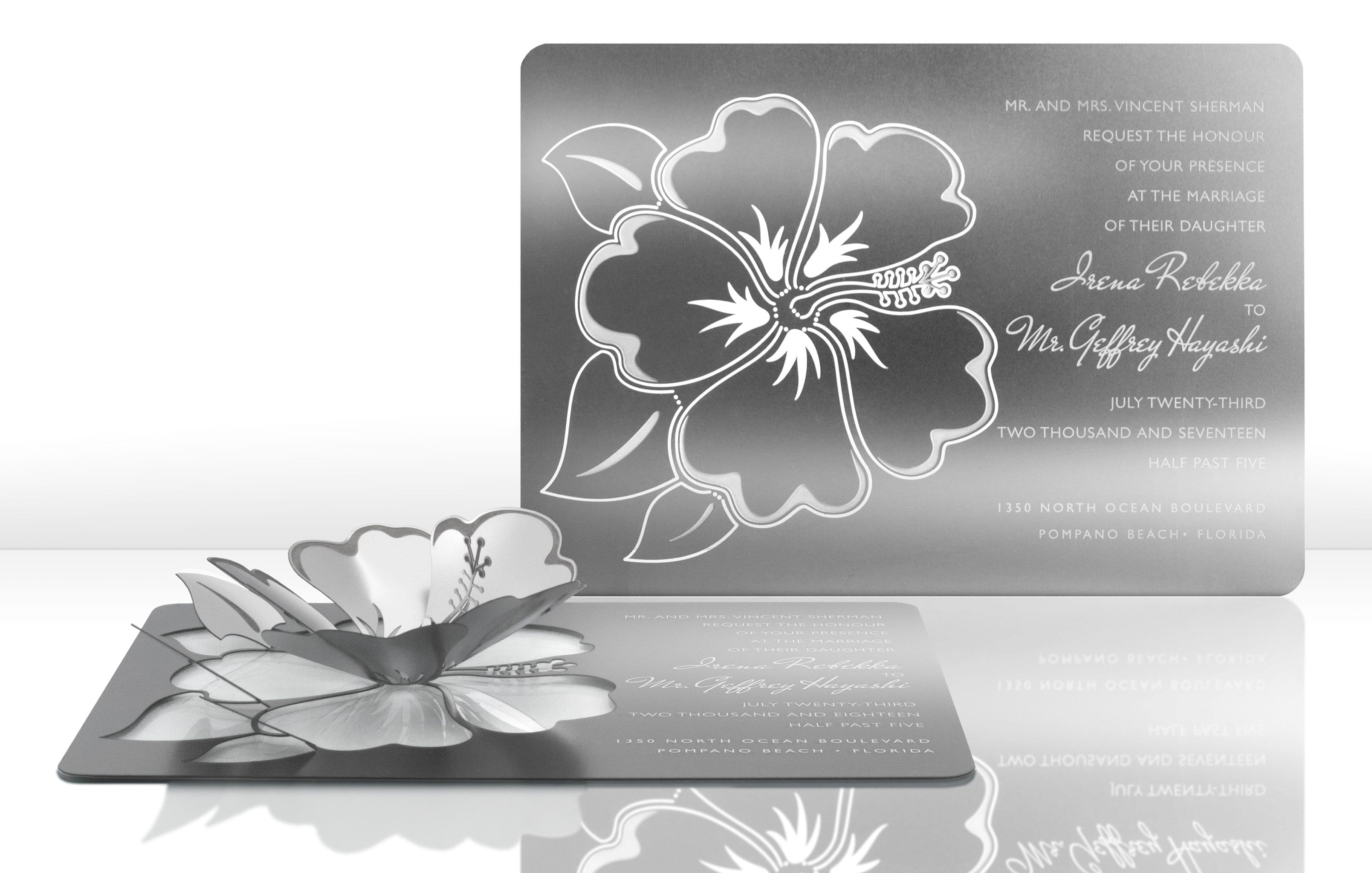 Silver Metal Wedding Invitation with Hibiscus Flower